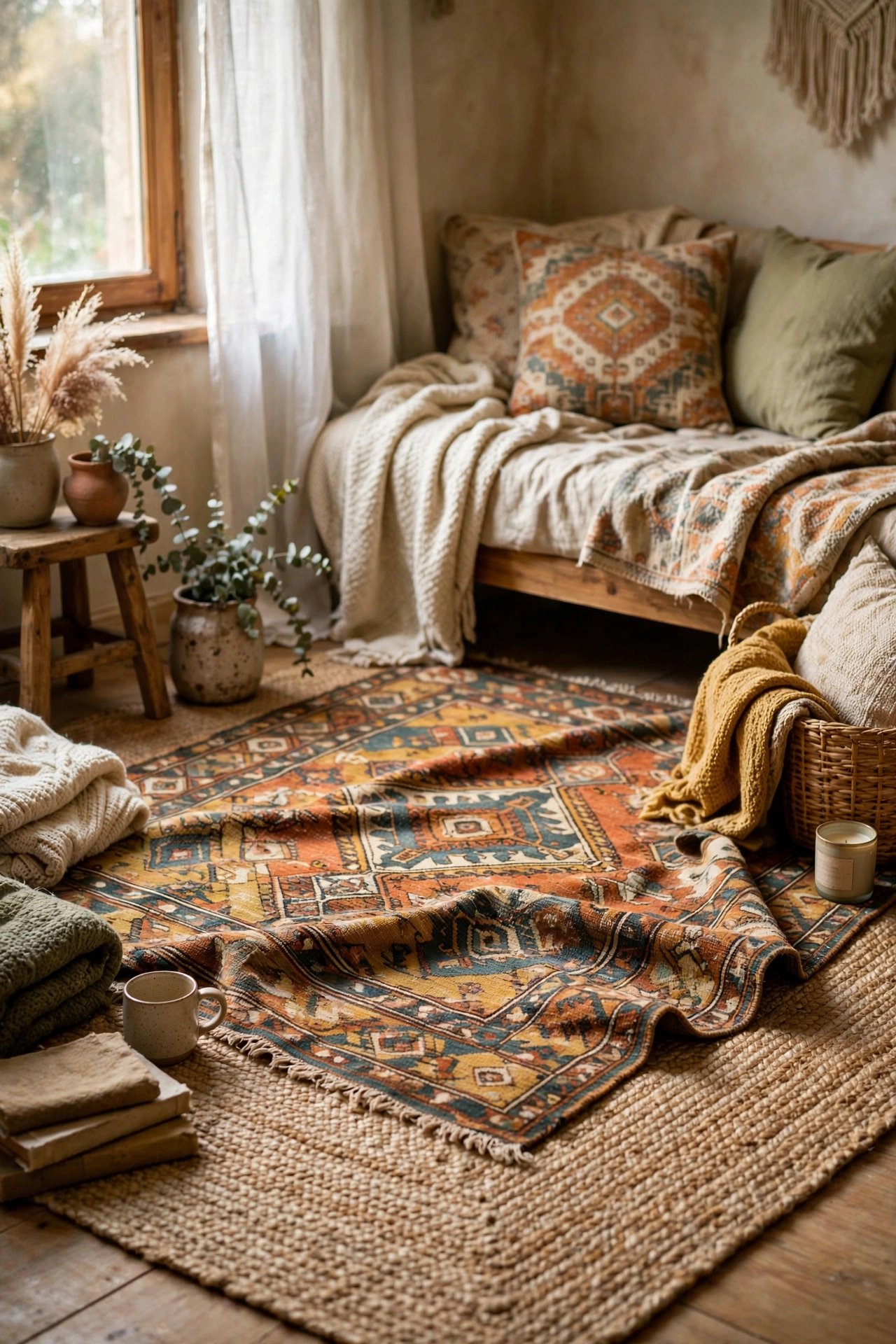 Patterned vintage-style rug layered over a large jute rug in a living room