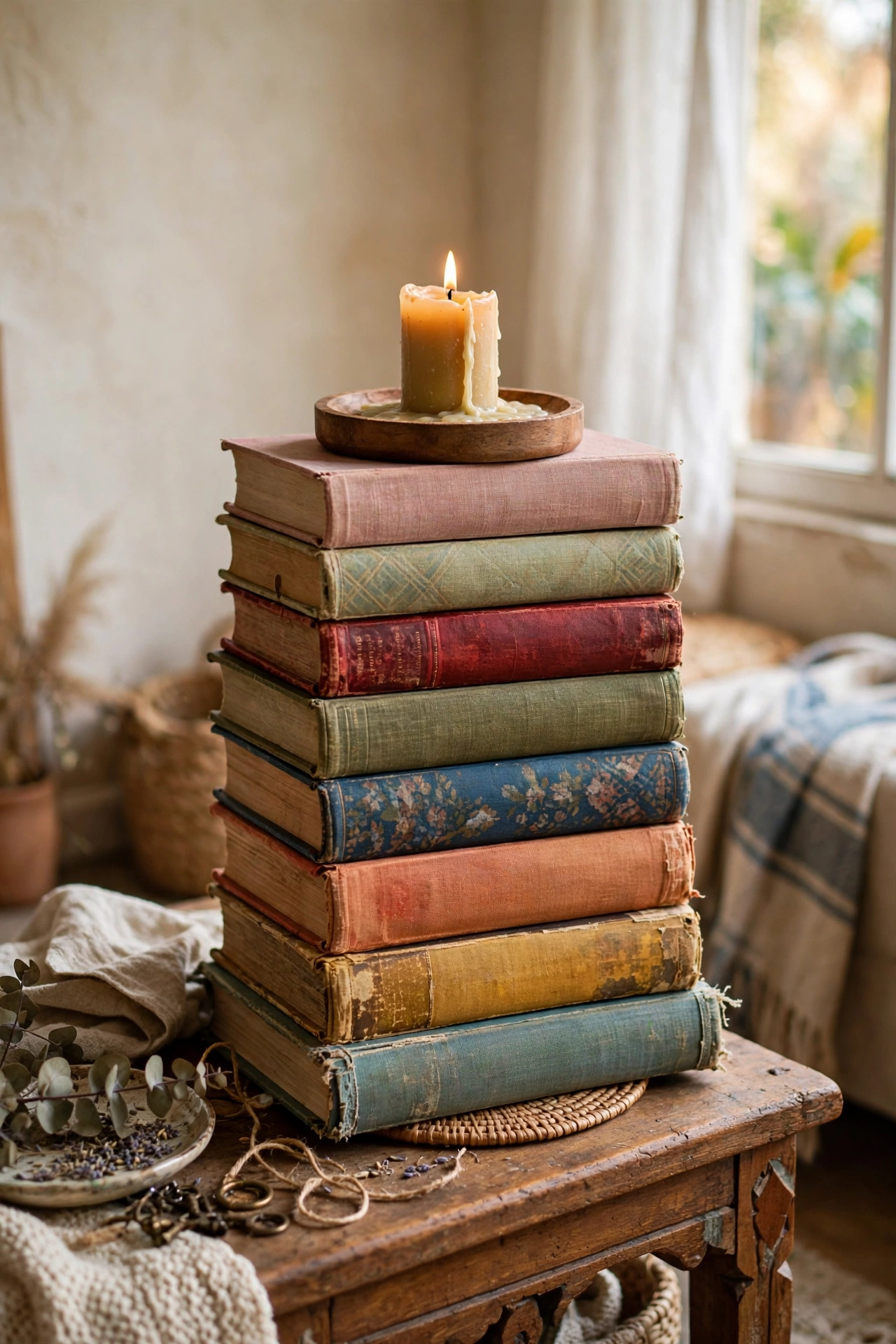 Stable tower of vintage hardback books topped with a tray as a side table