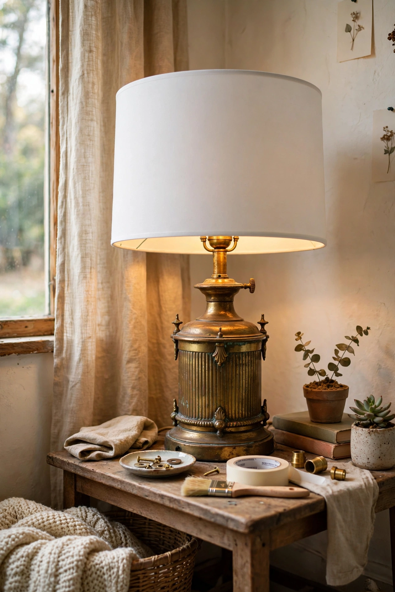 Quirky vintage brass lamp base with a modern white drum shade