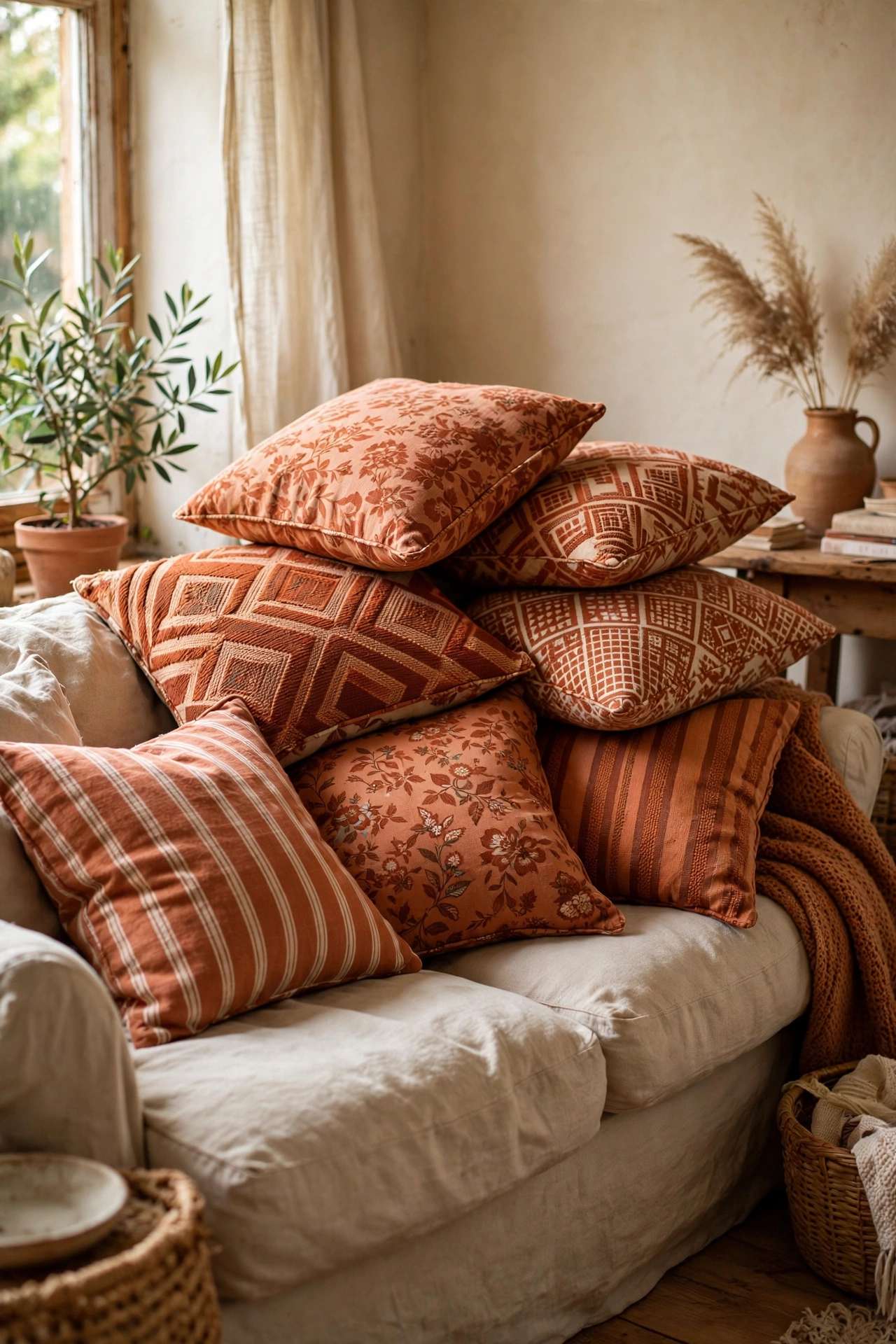 Sofa piled with mismatched patterned cushions sharing a terracotta colour