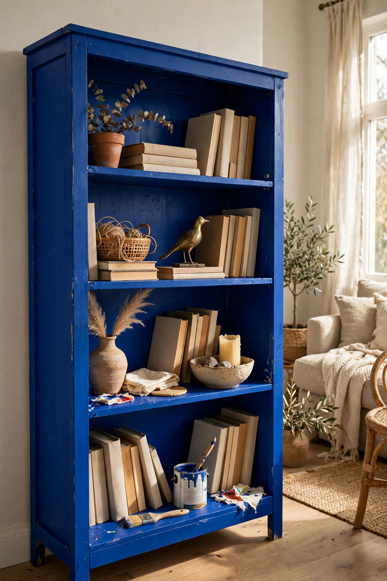 Plain bookshelf painted bold cobalt blue styled simply in a living room
