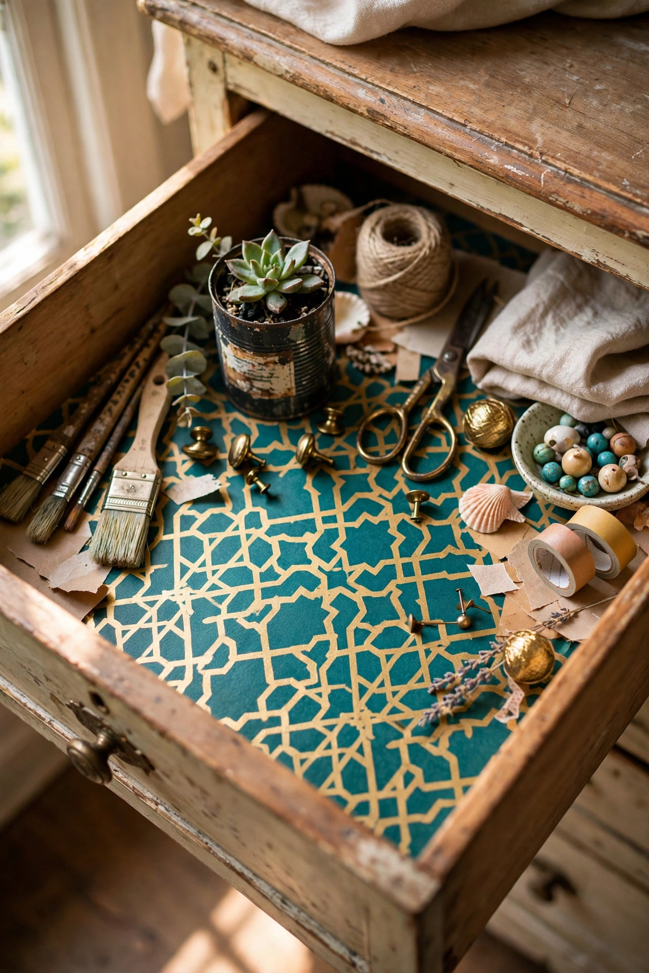 Open dresser drawer lined with bold teal and gold patterned contact paper
