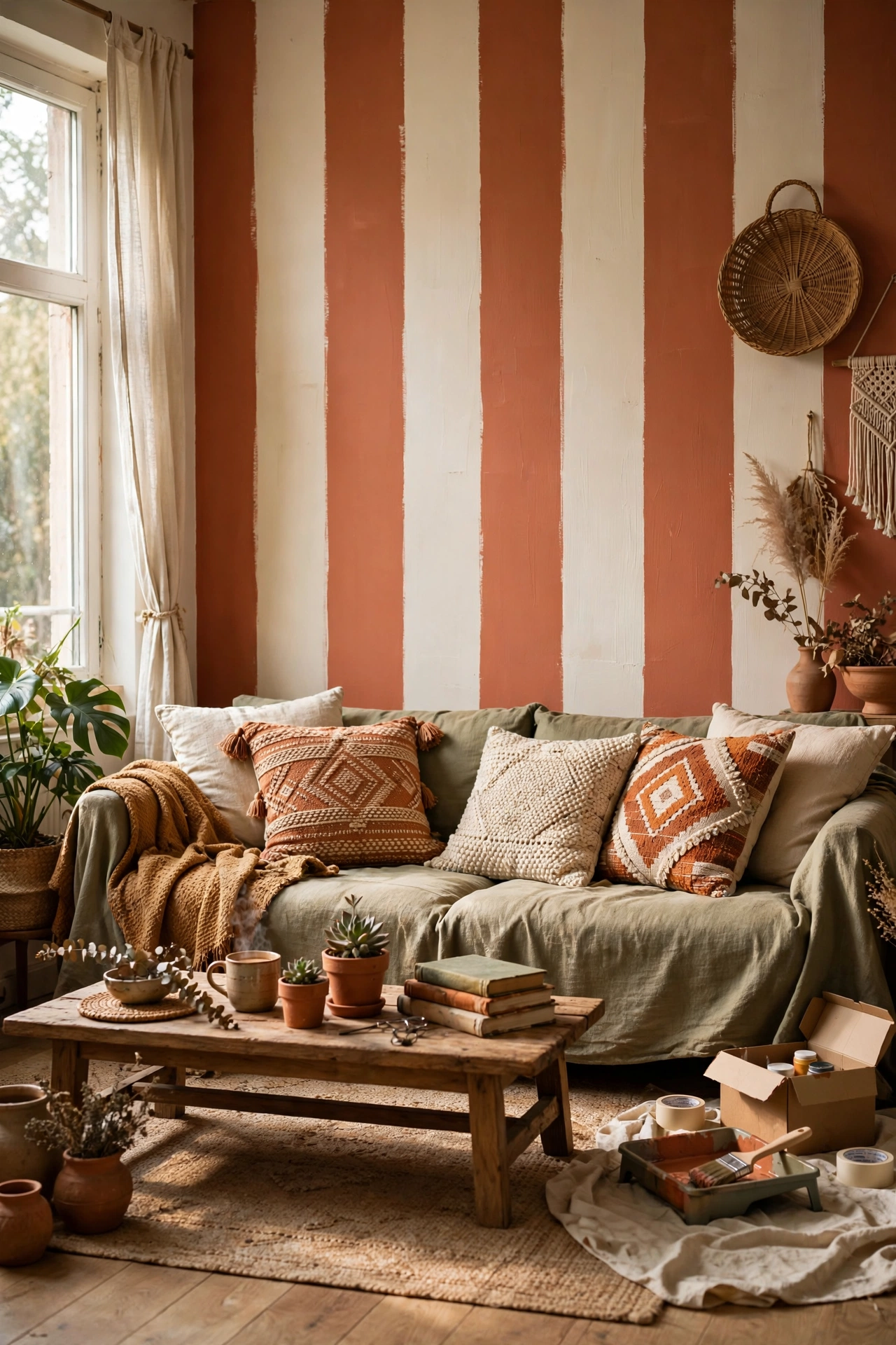 Accent wall with wide vertical stripes in terracotta and cream
