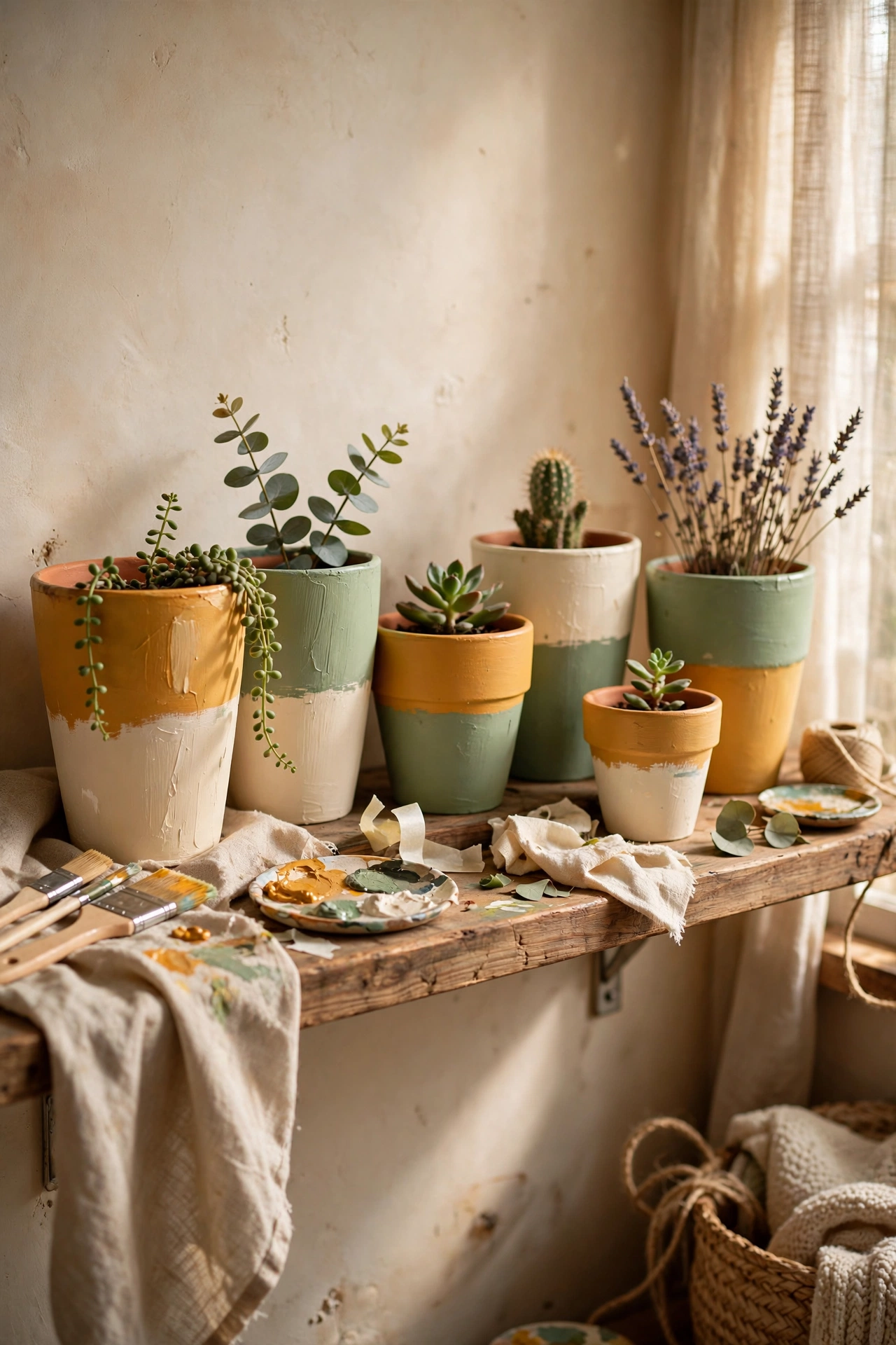 Shelf of terracotta pots painted in bold colour-blocked halves and thirds