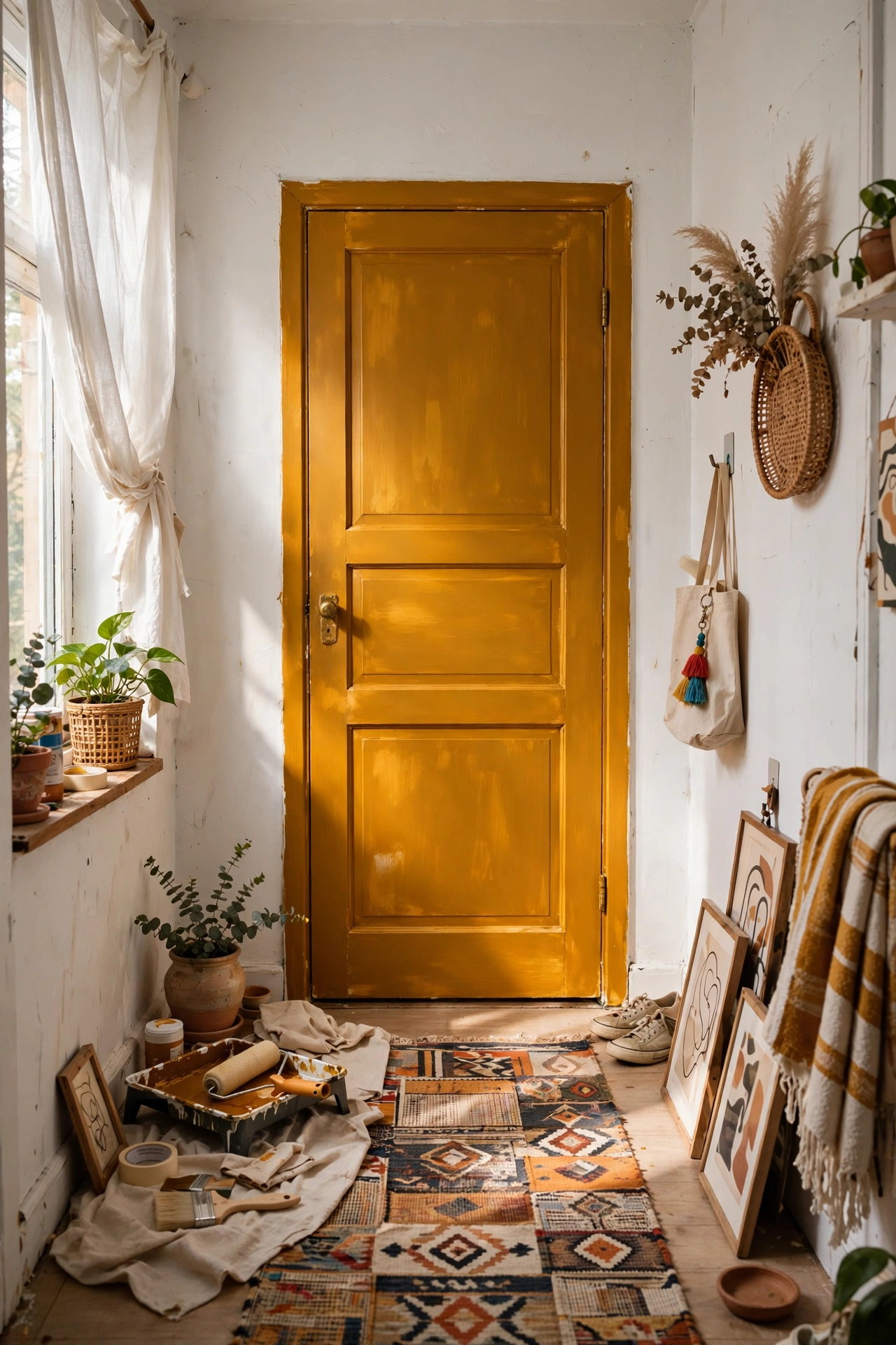 Interior door painted vibrant deep ochre in a white hallway