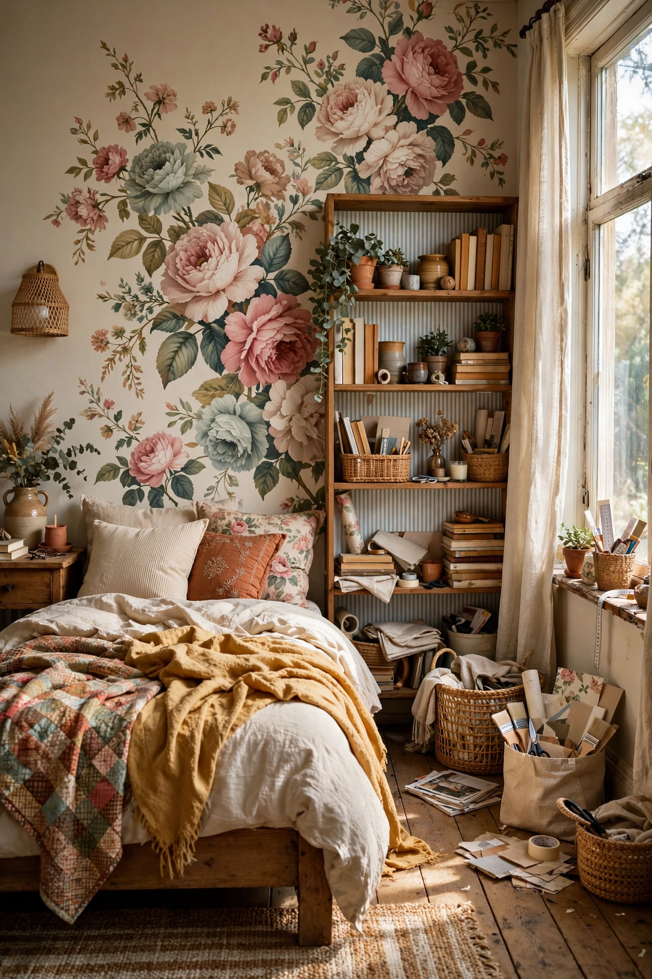 Bedroom with a large floral wallpaper accent wall and striped bookshelf backing