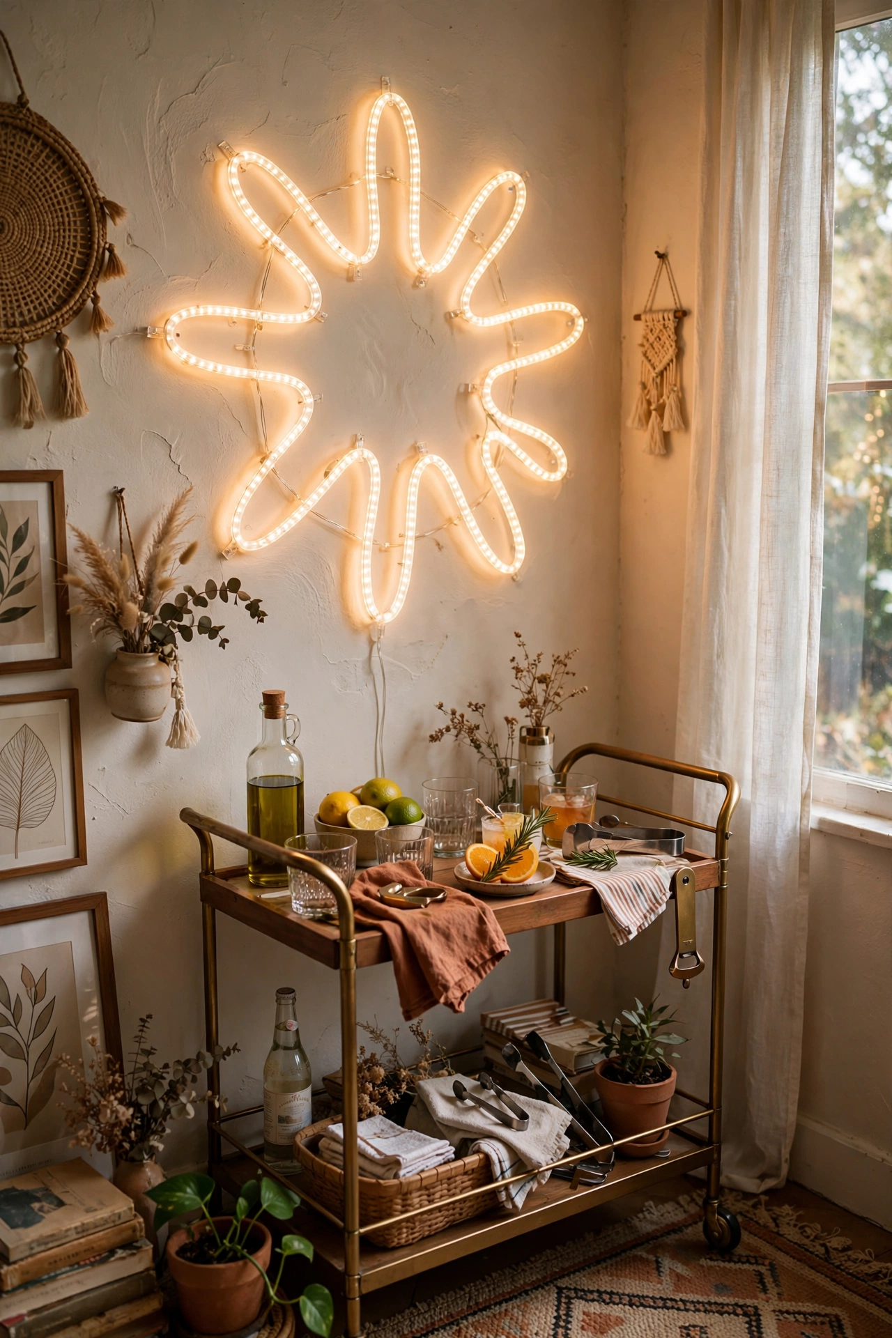 Glowing EL wire word sign in warm white above a bar cart