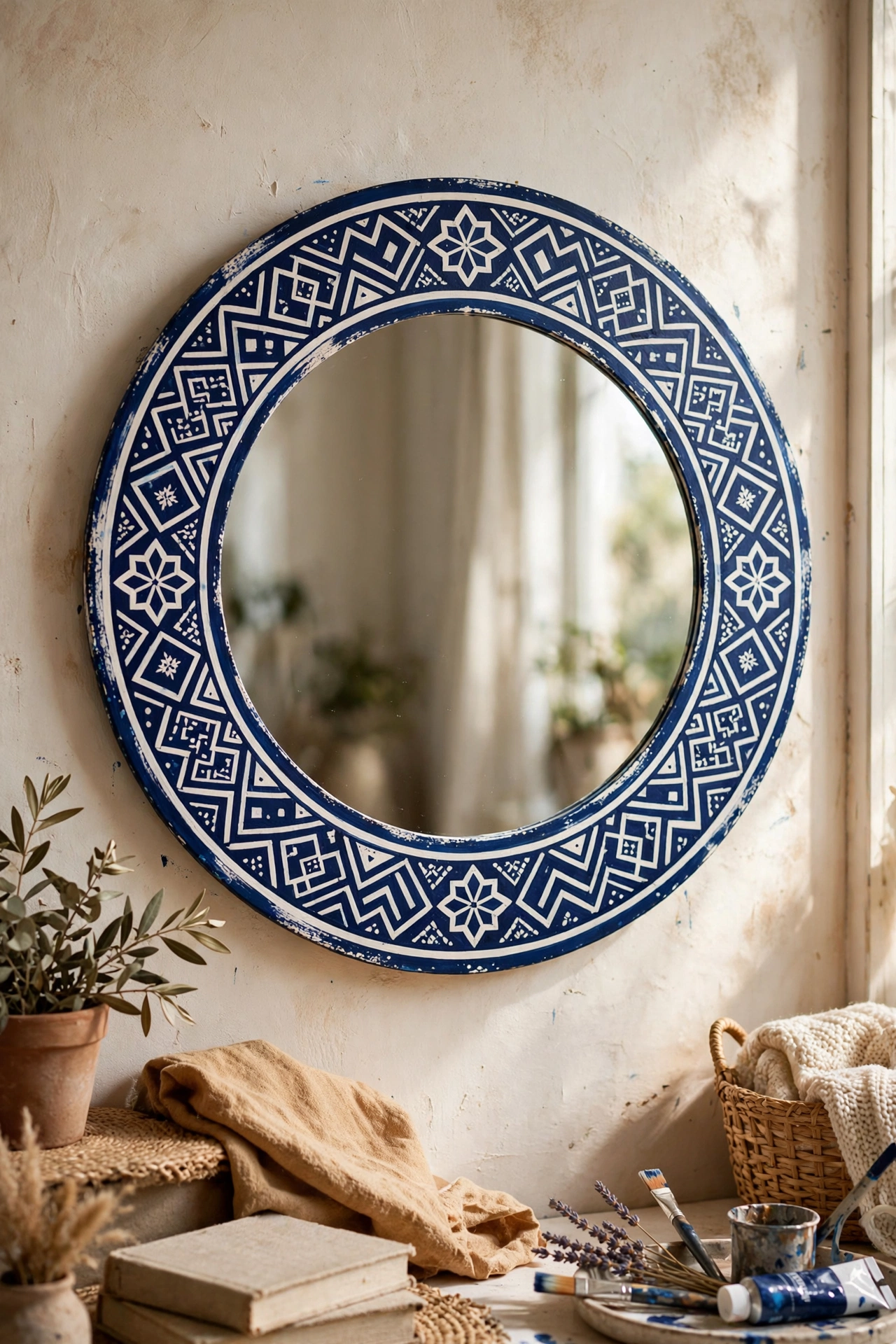 Round mirror with a hand-painted Moroccan geometric border in blue and white