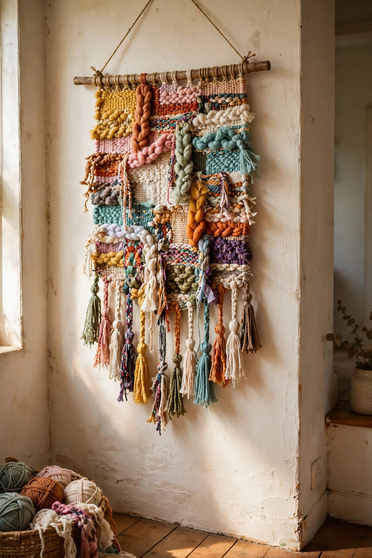 Handwoven wall hanging with yarn scraps and tassels on a hallway wall