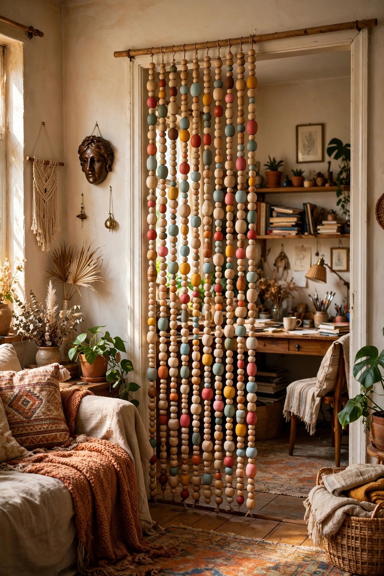Wooden beaded curtain hanging in an open doorway between rooms