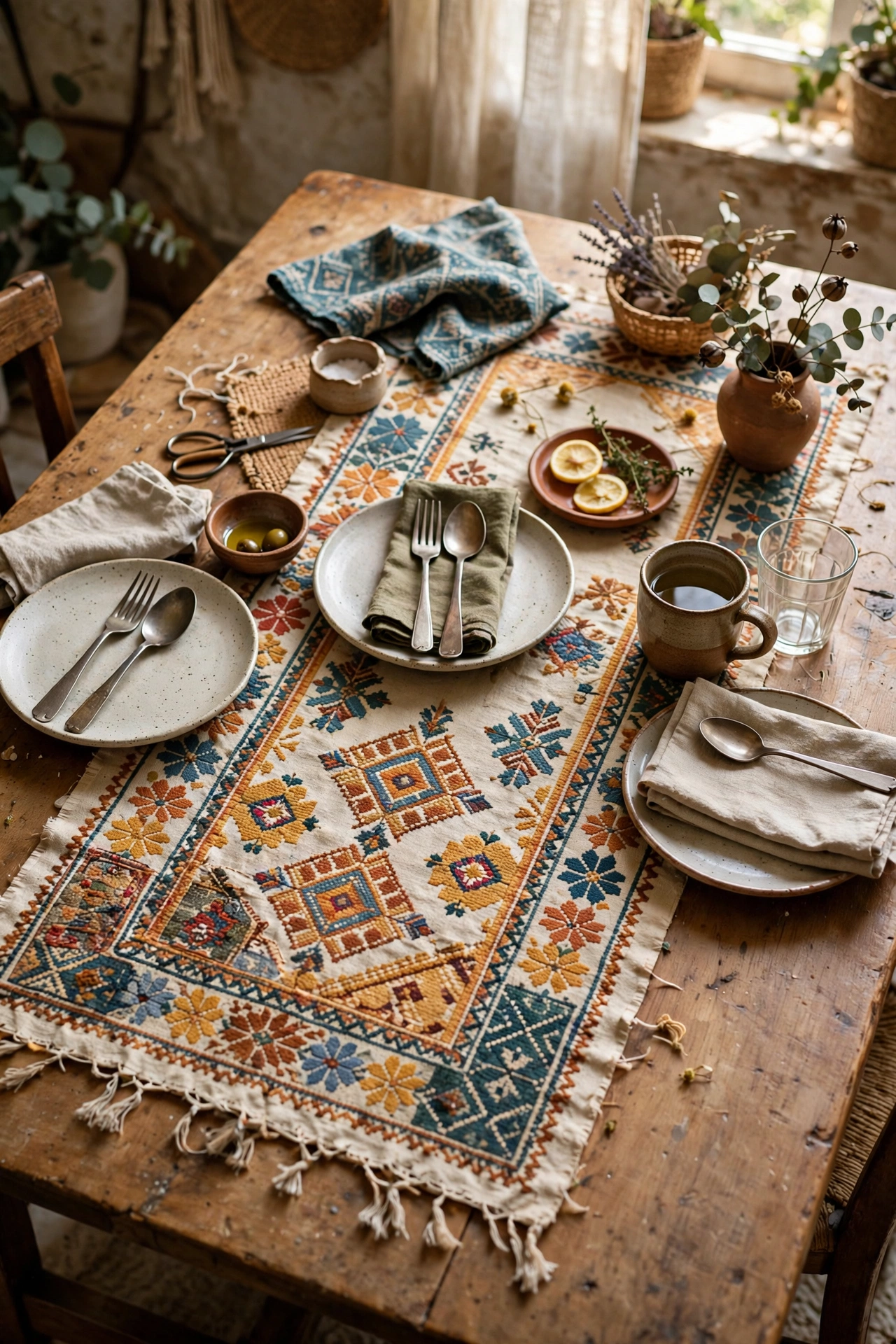 Hand-embroidered vintage textile used as a table runner on a dining table