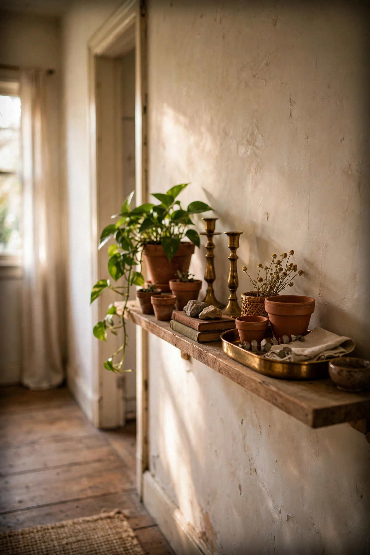 Hallway shelf styled with terracotta pots, brass candlesticks and a green plant
