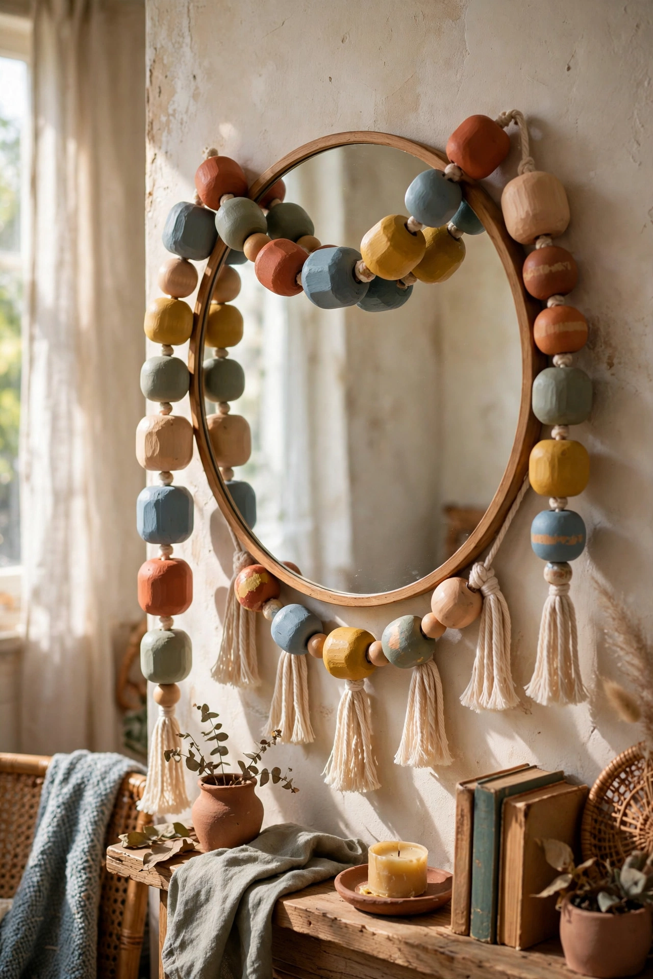 Garland of painted wooden beads in accent colours draped over a mirror
