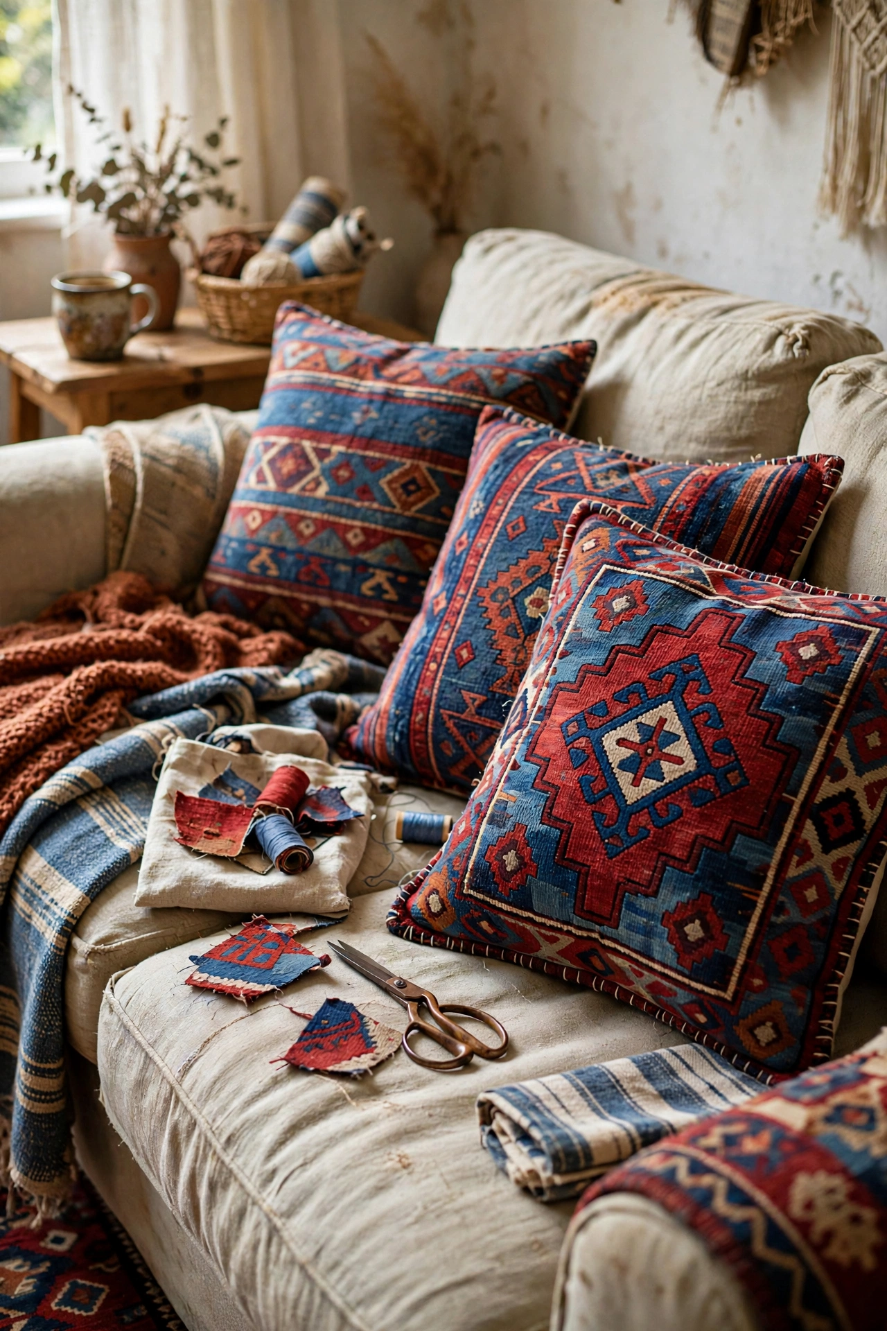 Sofa with cushion covers sewn from a patterned kilim rug