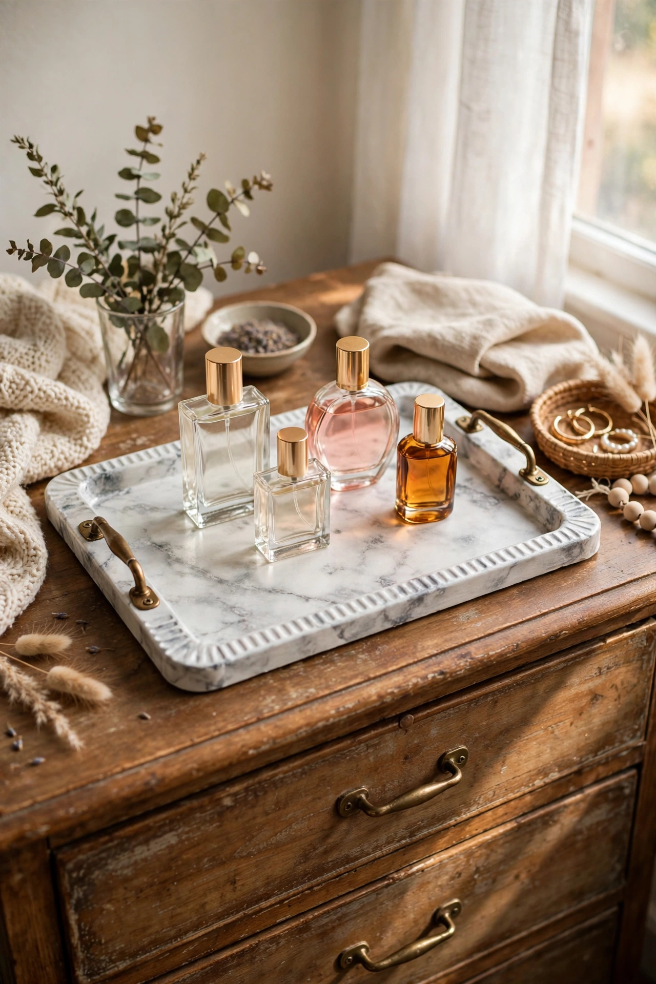 Faux marble tray made from a baking sheet holding perfume bottles on a dresser