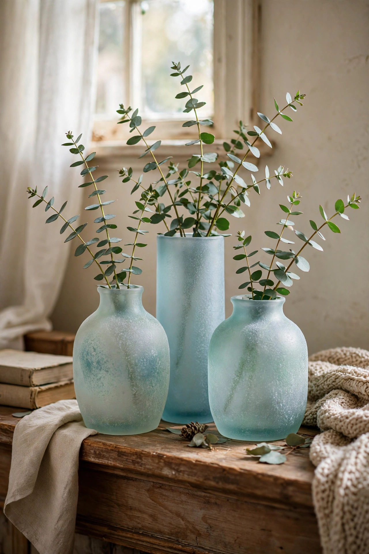 Three frosted glass vases with simple stems on a mantel