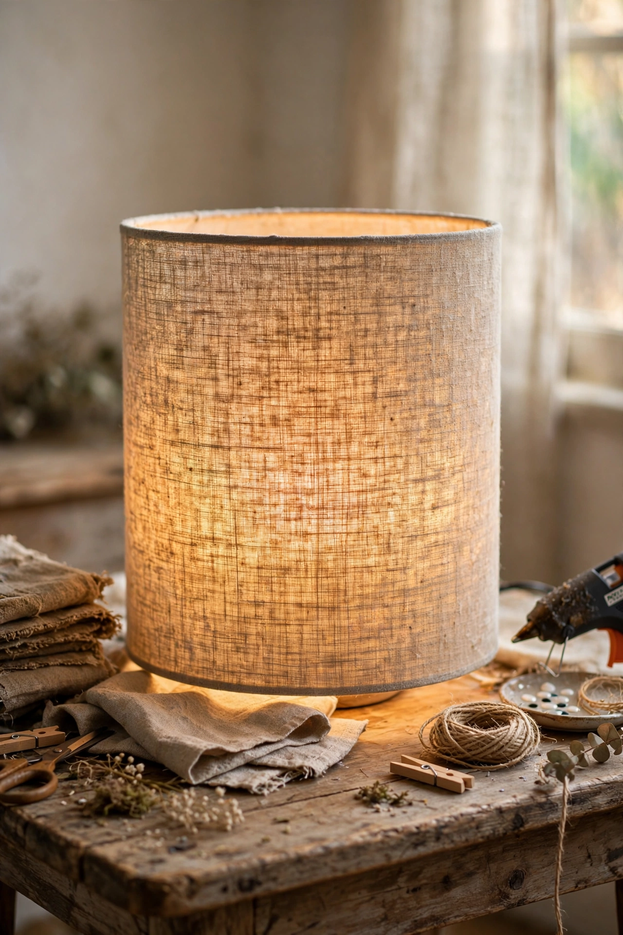 Drum lampshade recovered in natural woven table runner fabric