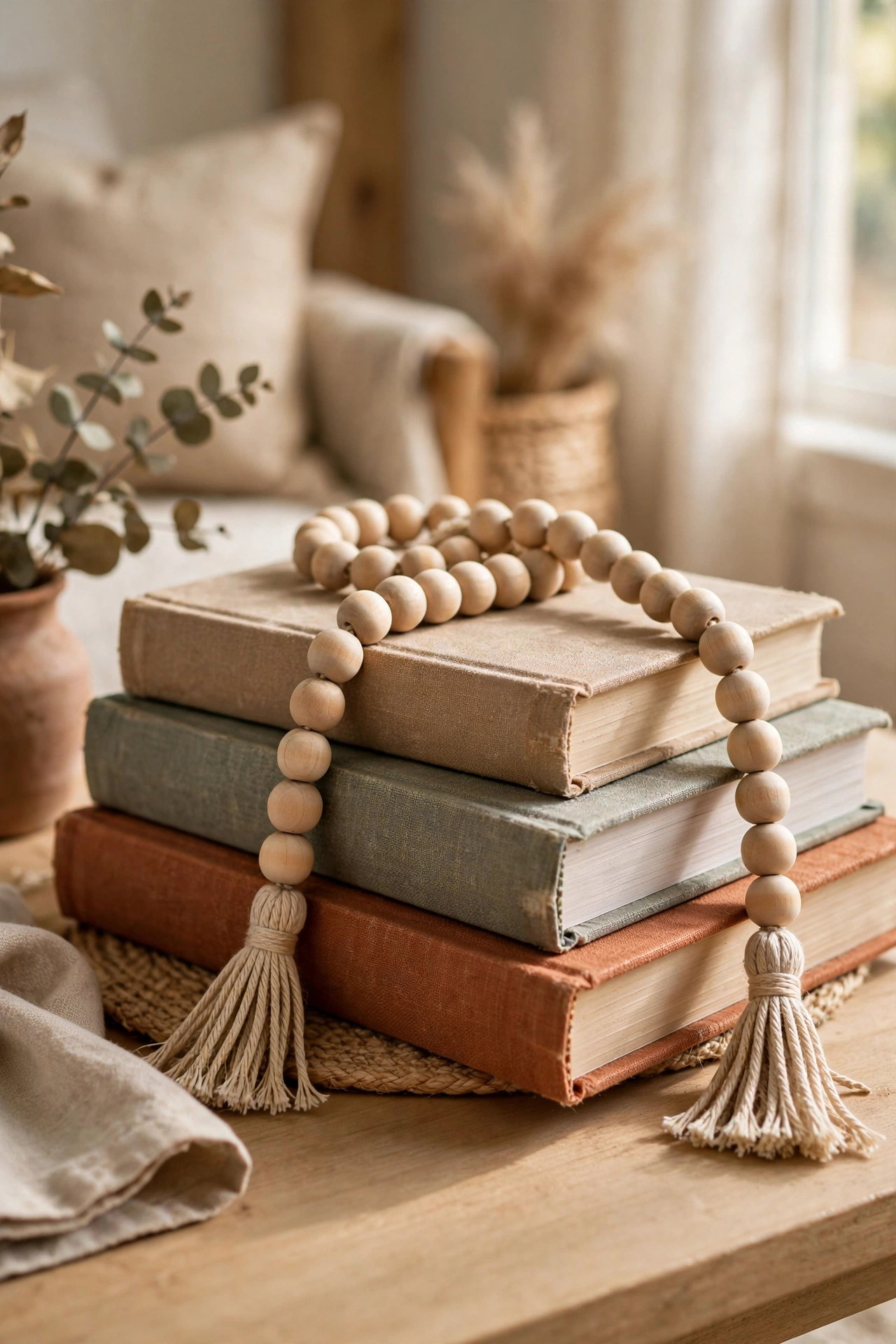 Wooden bead garland with tassels draped over a stack of books