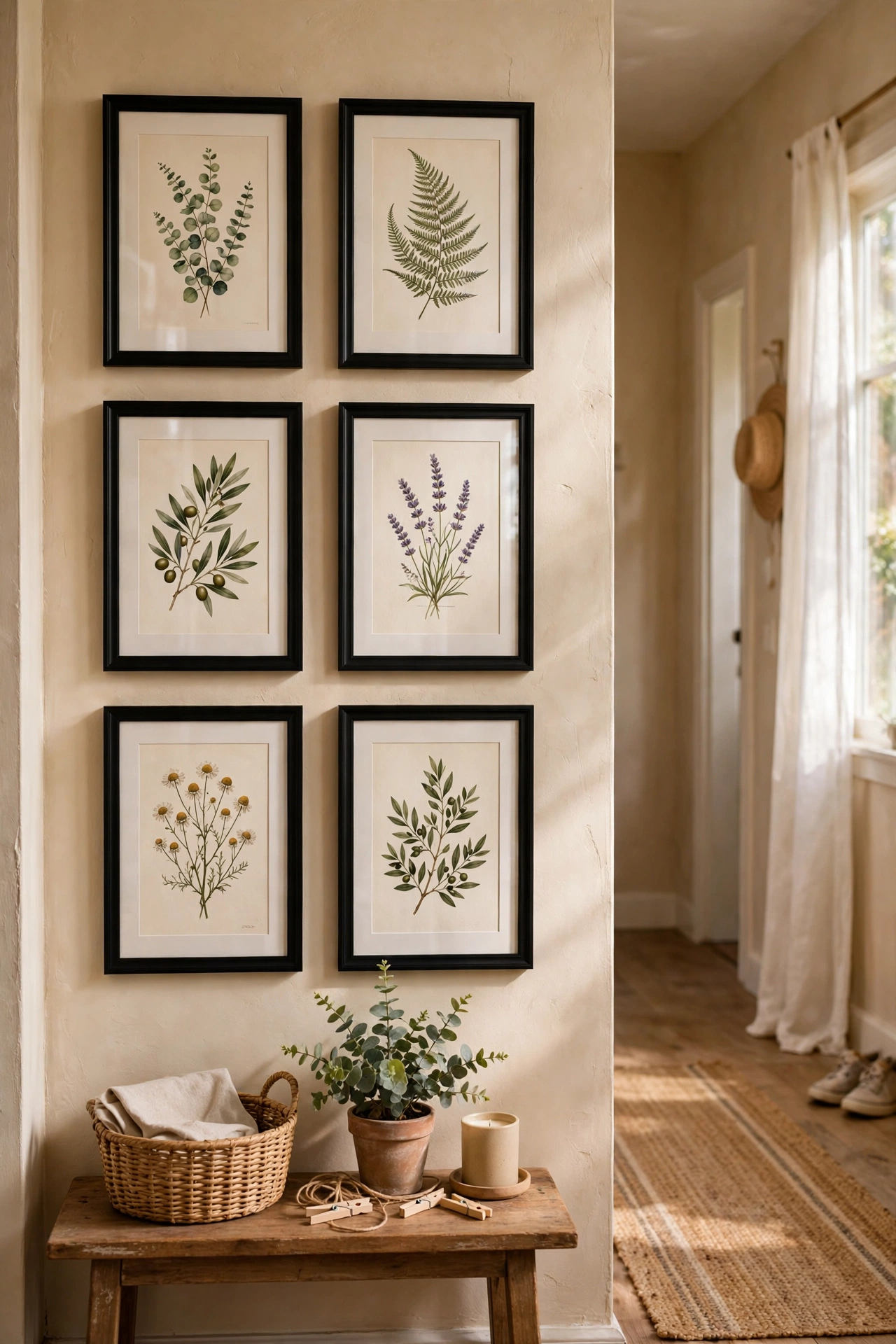 Grid of six framed botanical prints in a hallway