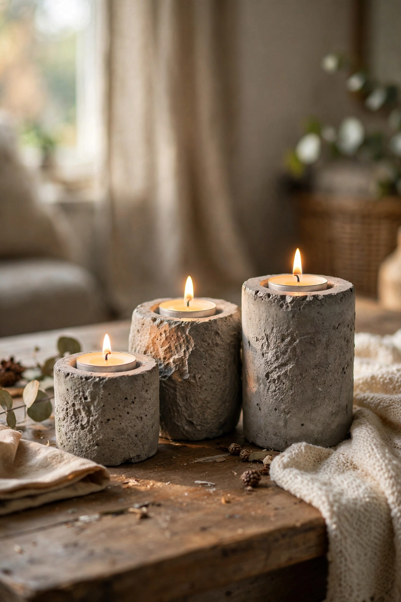 Concrete-look candle holders with lit tealights on a coffee table