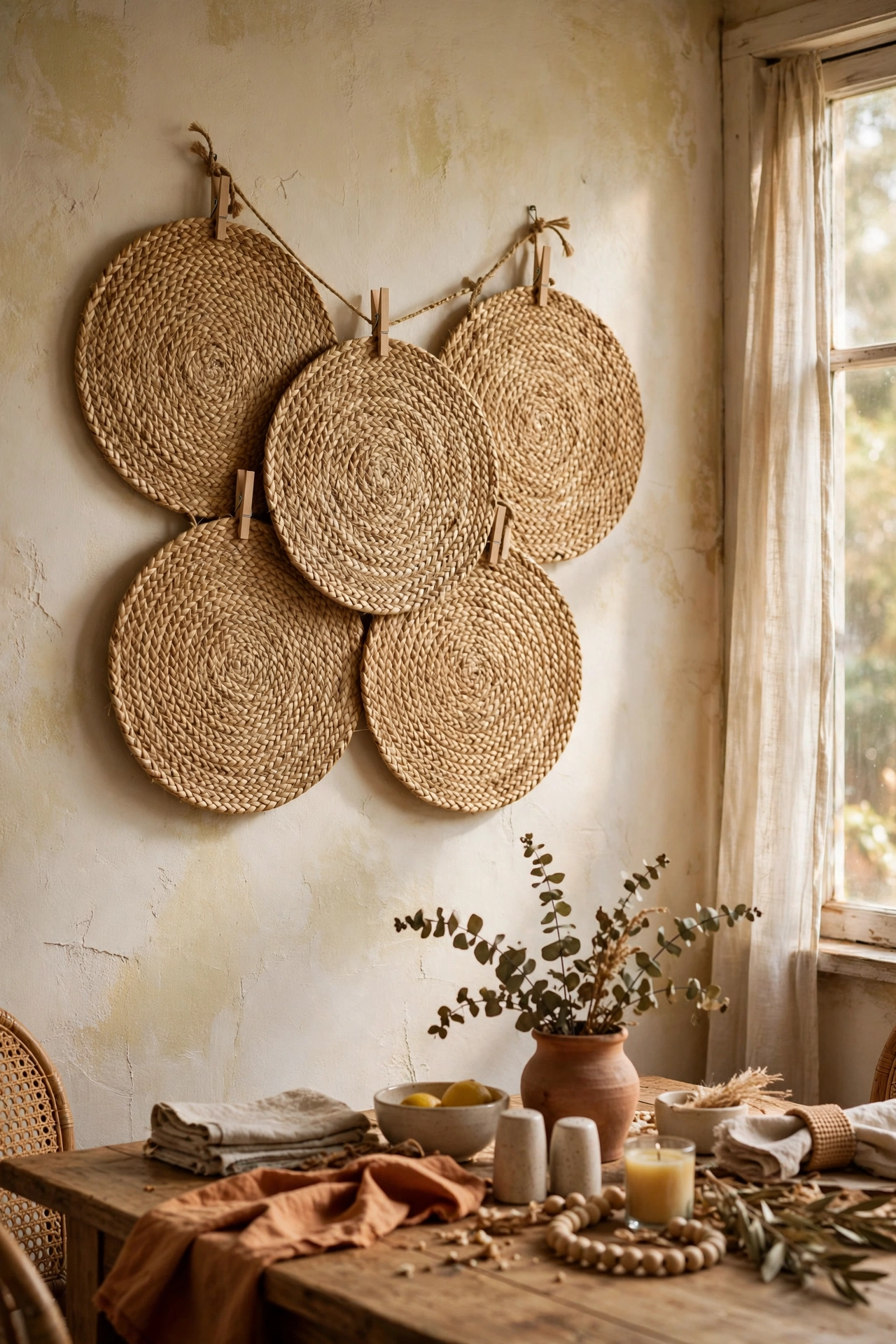 Cluster of round woven placemats hung as boho wall art in a dining room