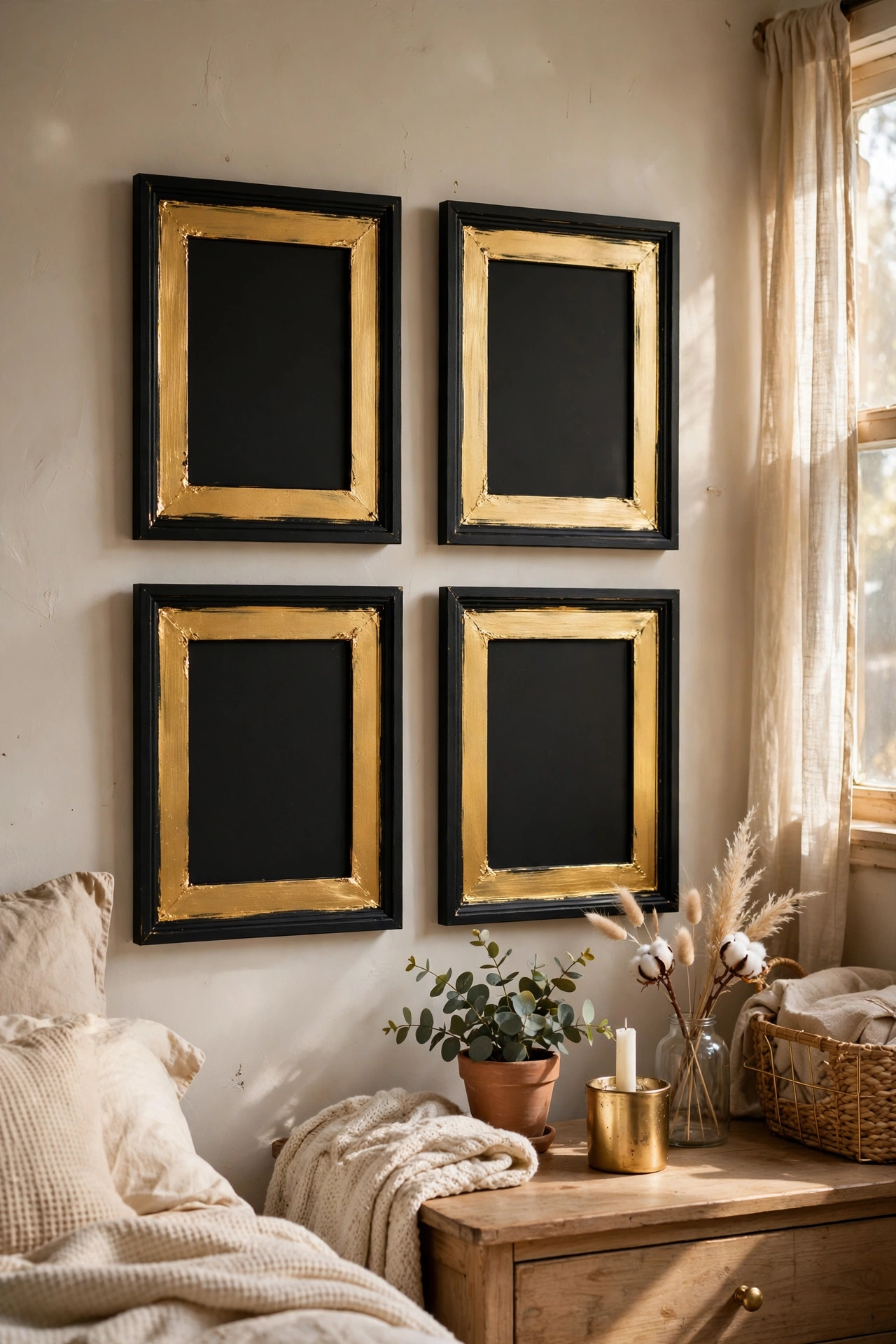 Black picture frames with hand-painted gold inner rims in a bedroom