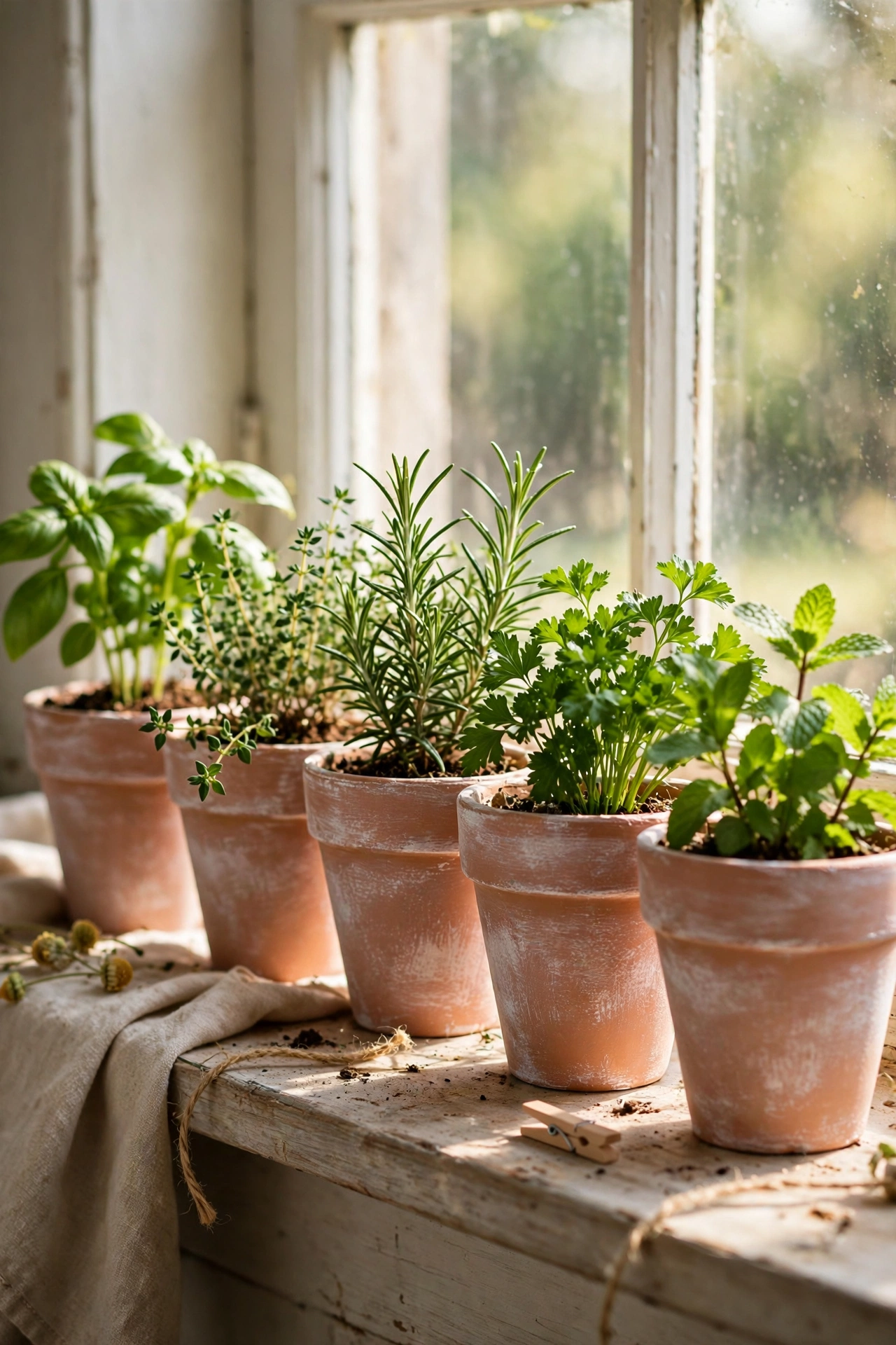 Row of faux terracotta pots with chalky finish holding herbs on a windowsill