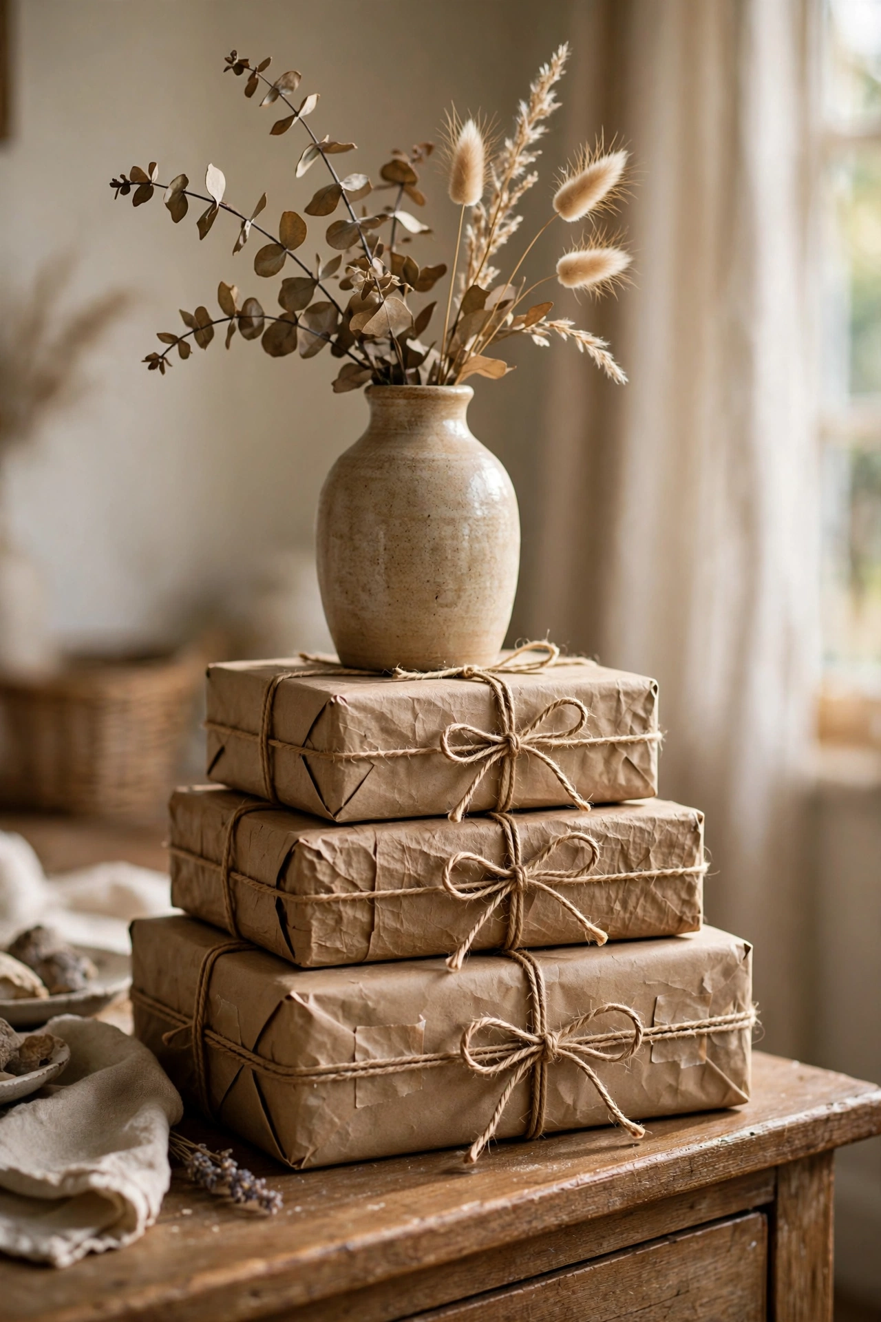 Stack of decorative fake books made from wrapped boxes under a vase