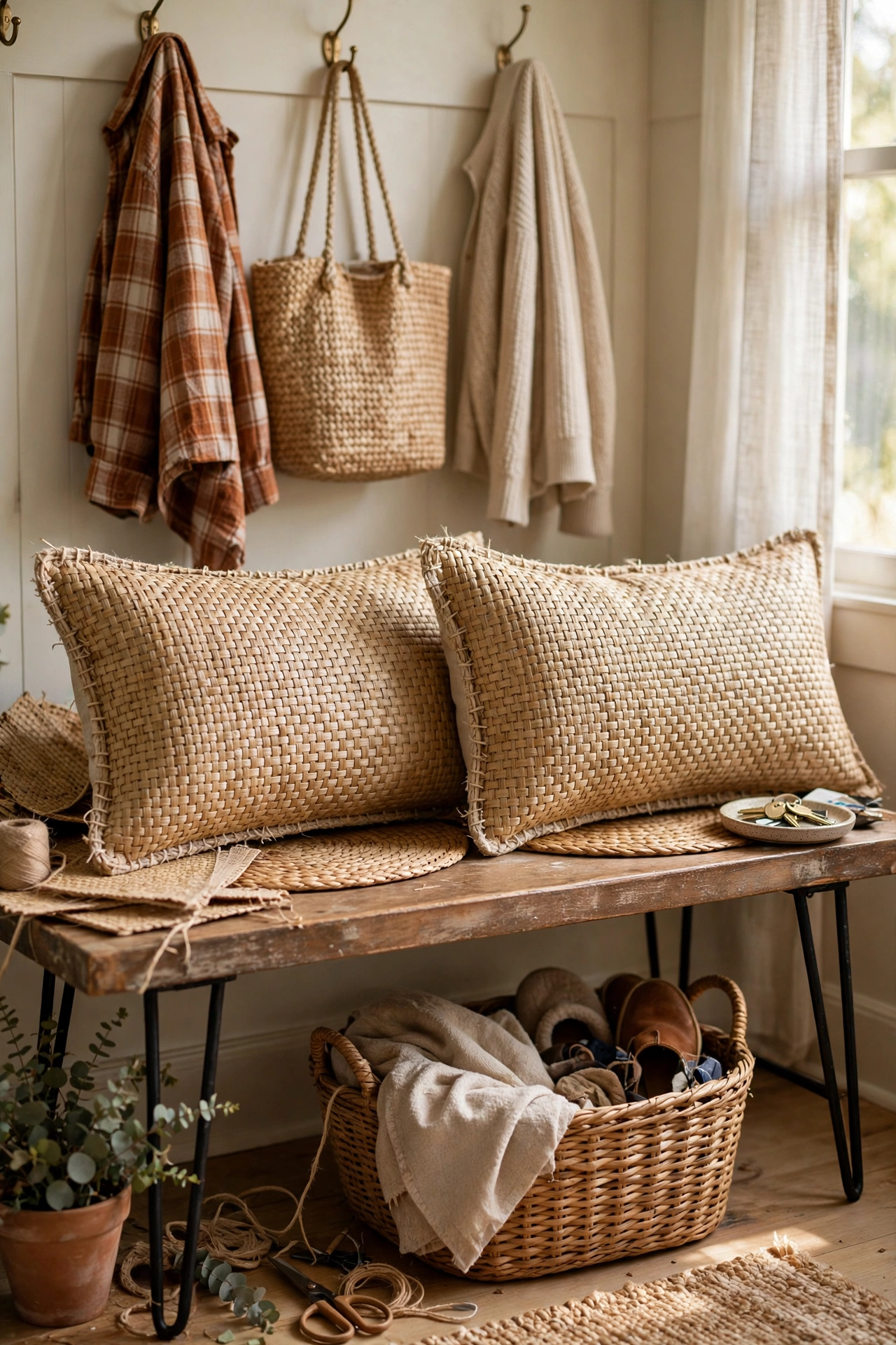 Lumbar pillows made from woven placemats on an entryway bench