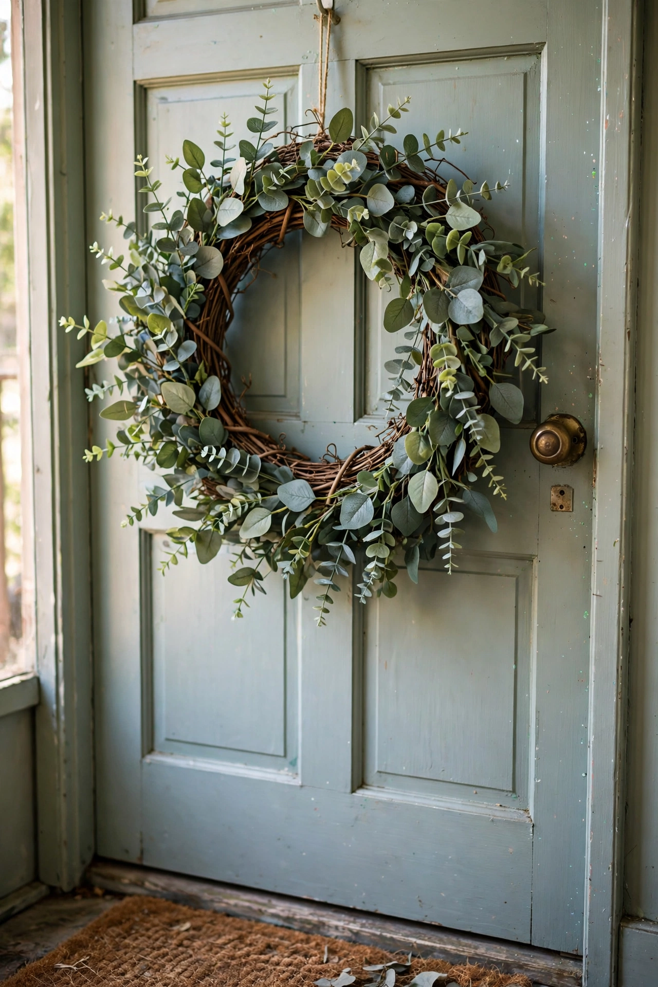Full faux eucalyptus wreath hanging on a front door