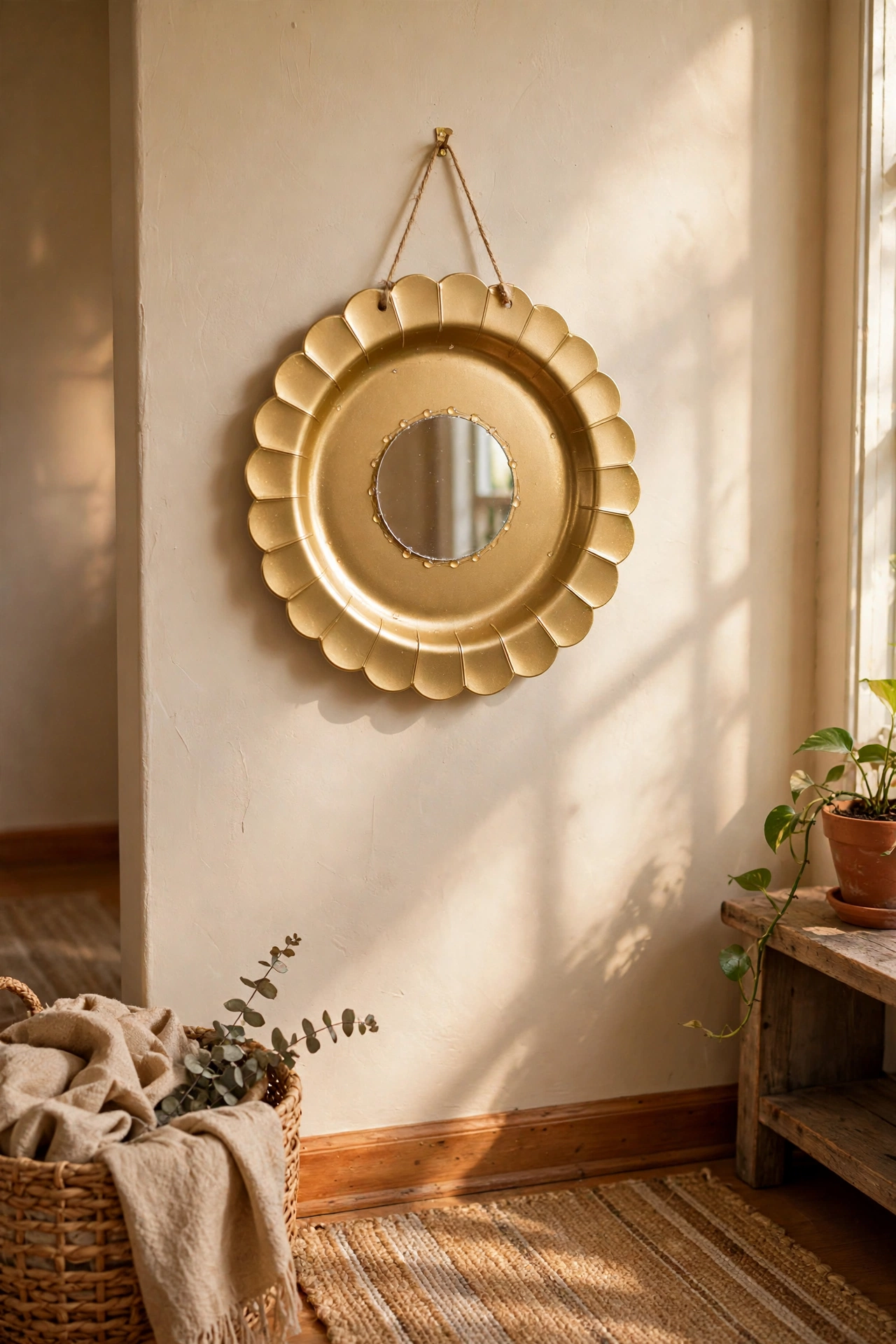 Gold charger plate with a round mirror glued in the centre on a hallway wall