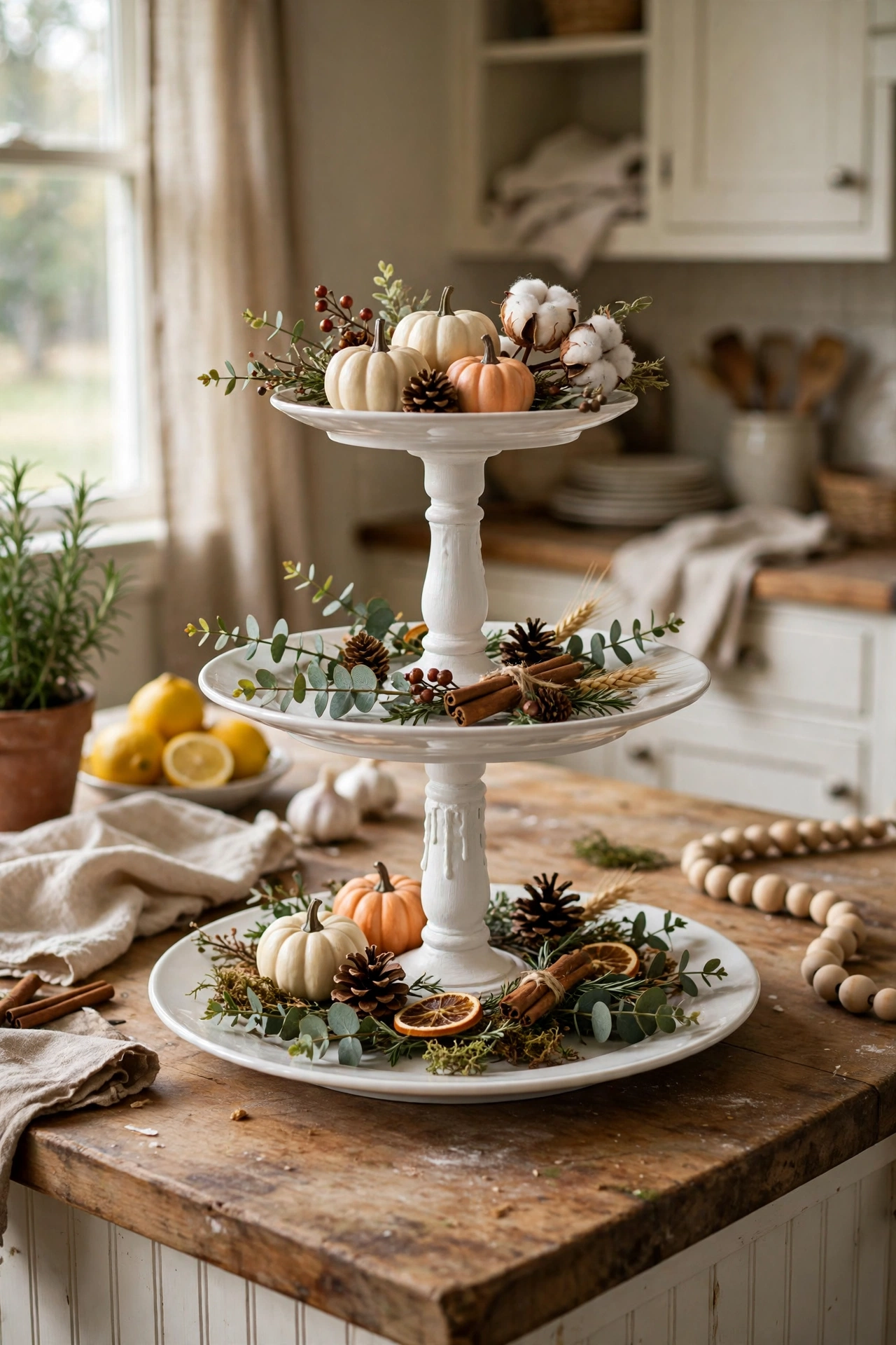 White tiered tray made from plates and candlesticks on a kitchen island