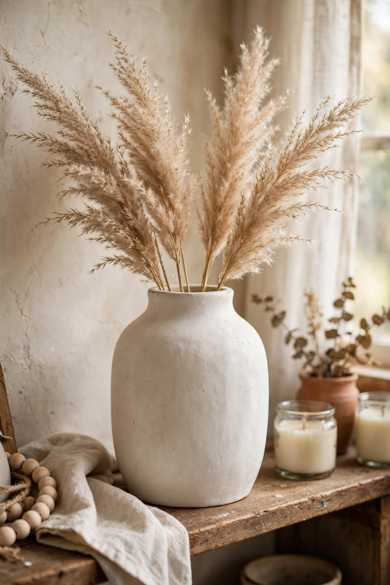Matte stoneware-look vase with chalky finish holding dried grasses