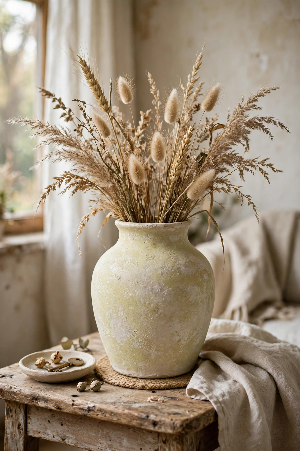 Limewashed ceramic vase with chalky handmade finish holding dried grasses