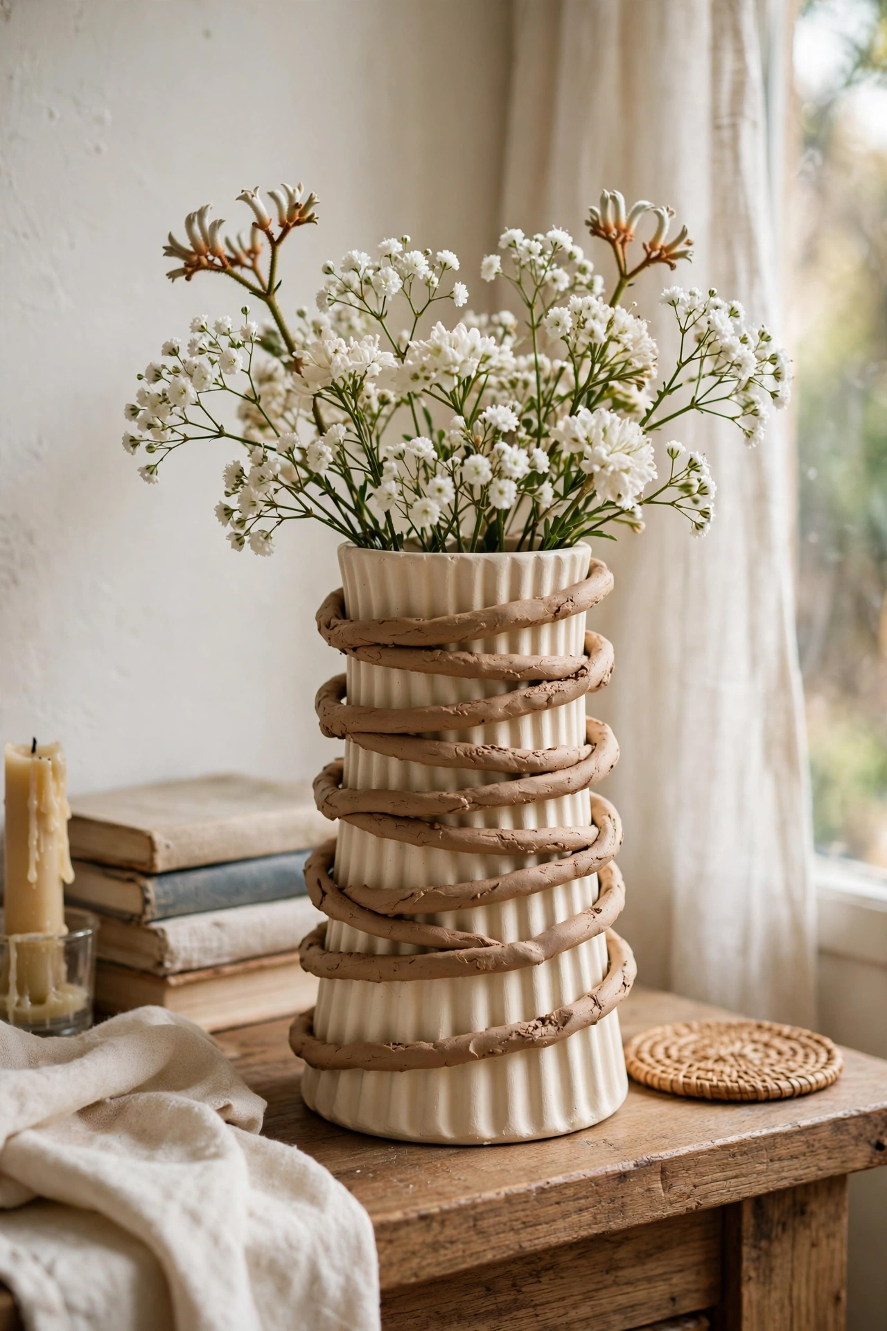 Cream fluted vase made with air-dry clay coils on a mantel
