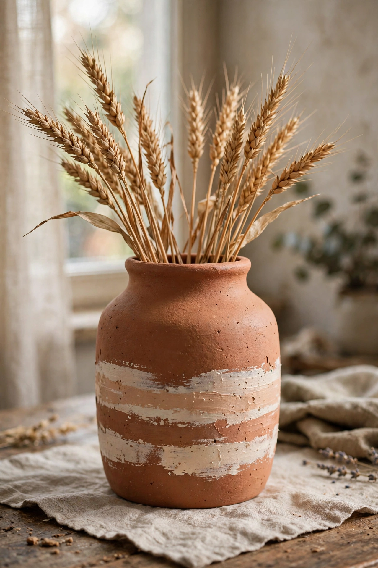 Terracotta clay-wash vase with textured matte finish holding wheat stems