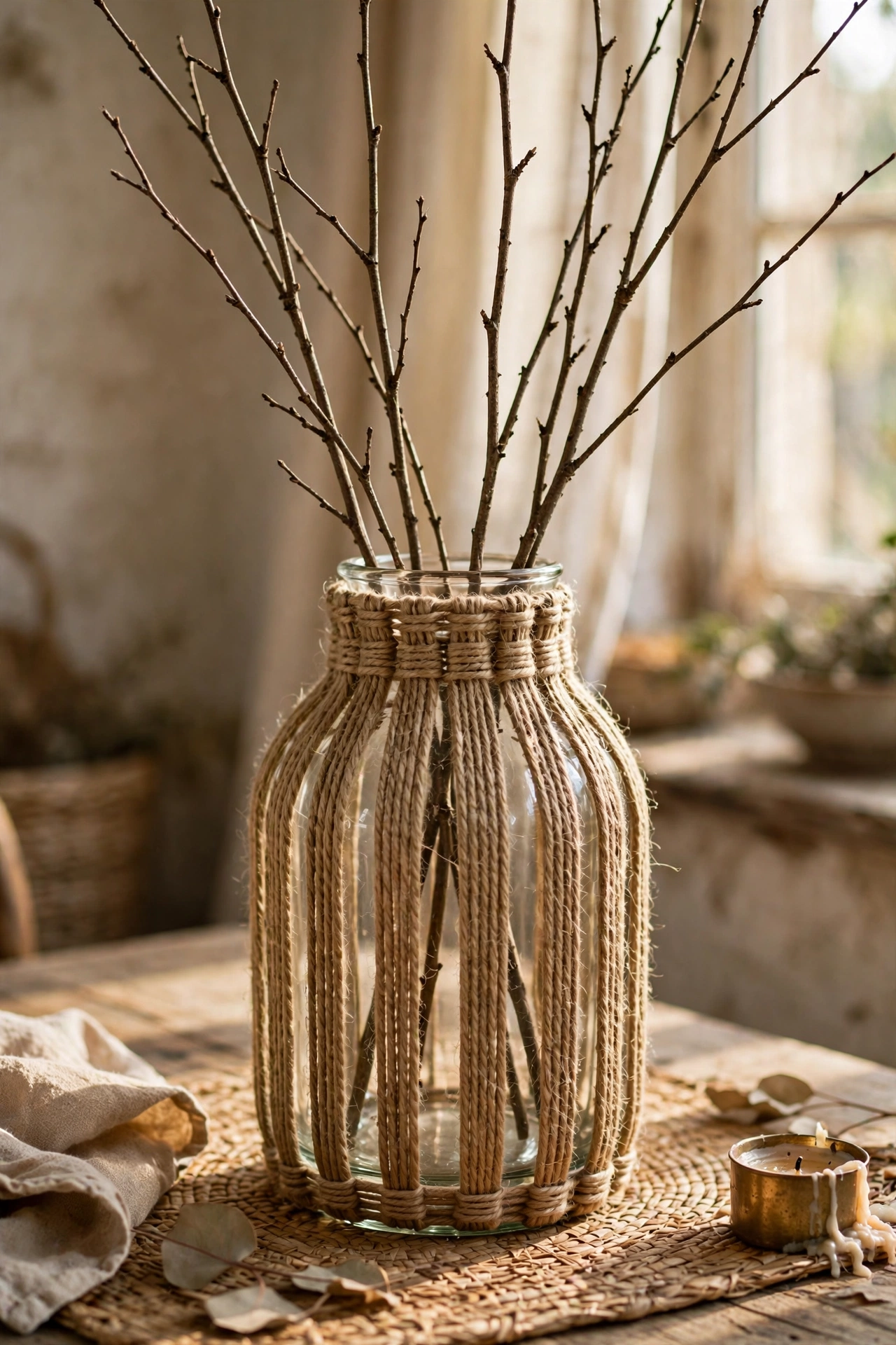Glass vase wrapped in vertical jute twine holding tall branches