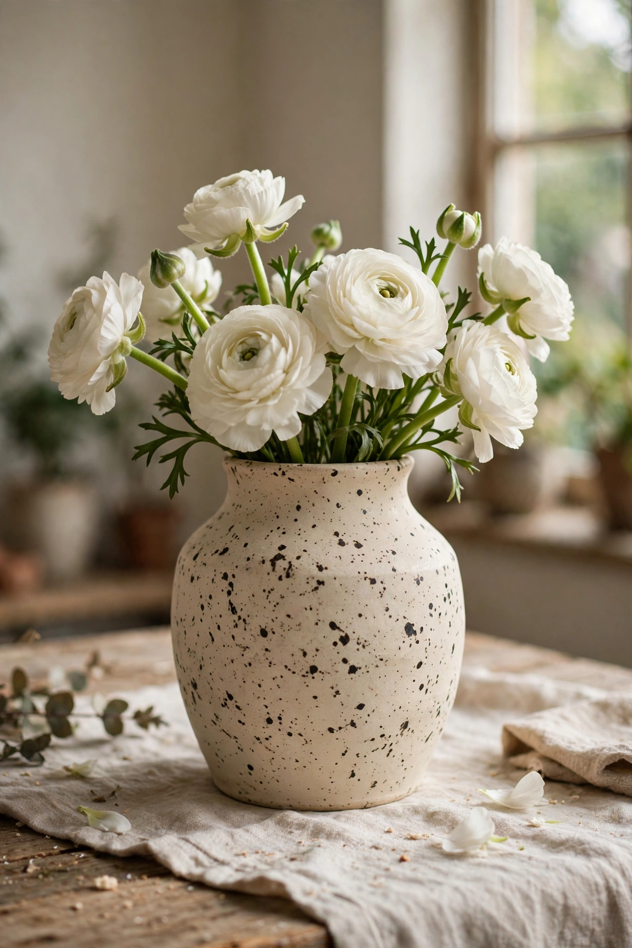 Cream vase with hand-flicked dark speckles holding white flowers