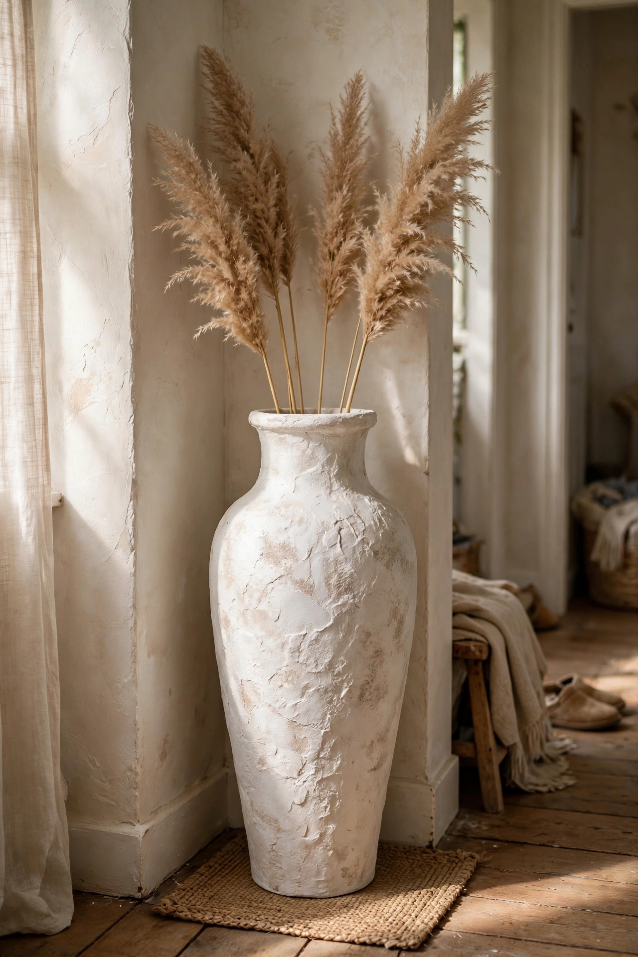 Tall plaster-textured floor vase holding pampas stems in a hallway corner