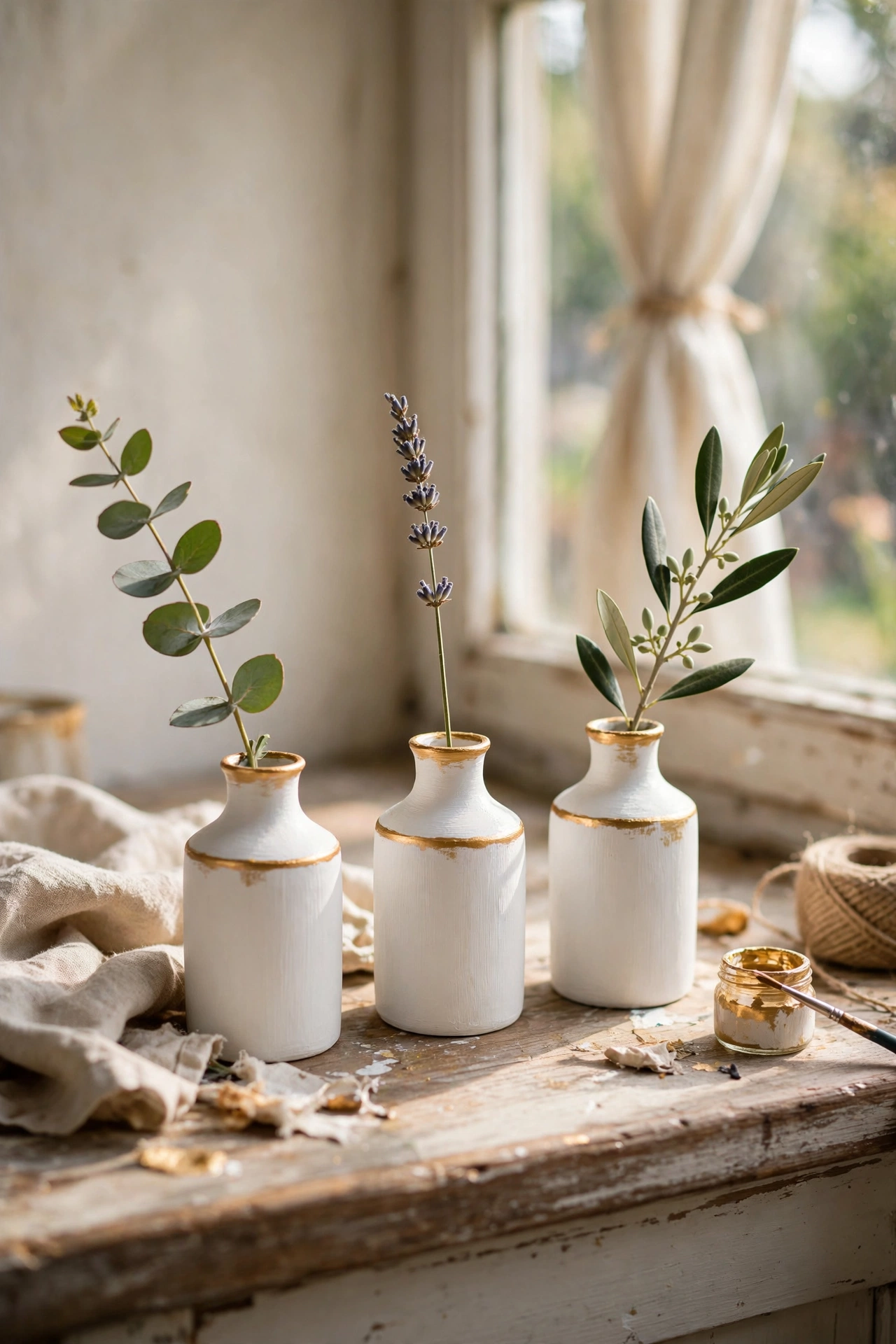 Trio of small bud vases with gold rims each holding a single stem