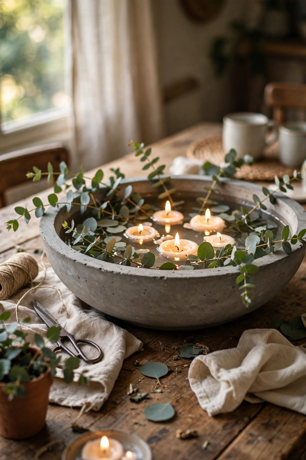 Wide concrete-look bowl centerpiece with floating candles and greenery