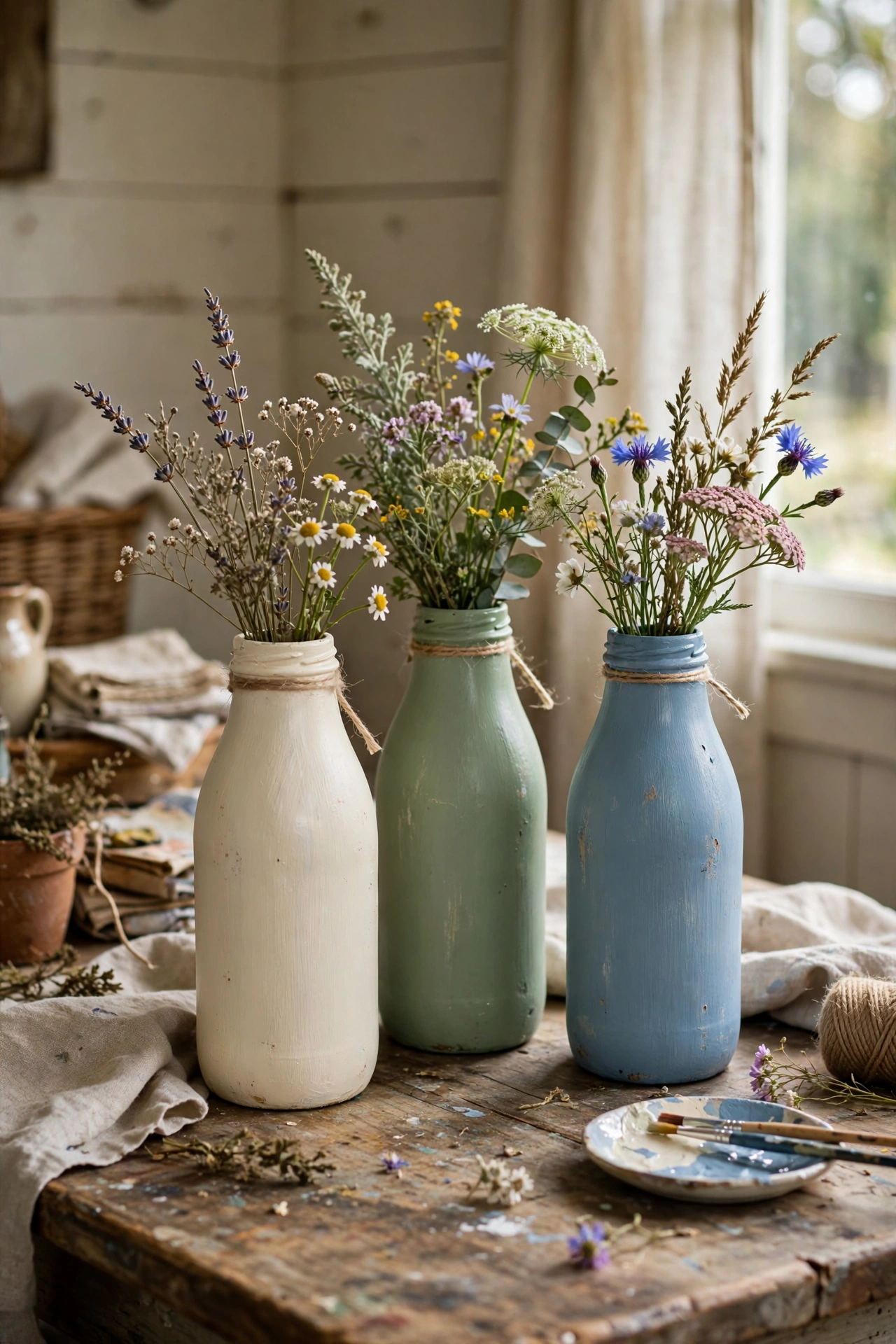 Three painted glass milk bottles in cream, sage and blue with wildflowers