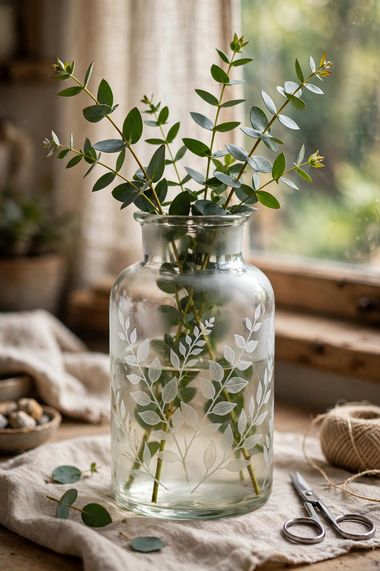 Glass vase with frosted etched eucalyptus pattern holding fresh stems