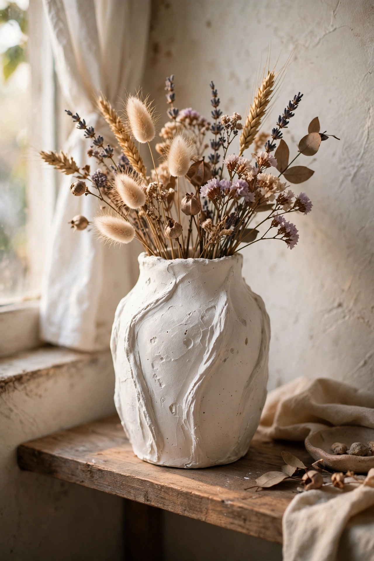 Plaster-textured white vase with organic ridges holding dried blooms