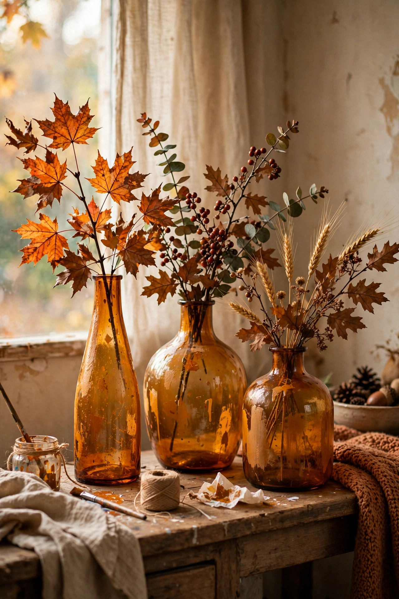 Three amber glass vases in different shapes grouped with autumn branches