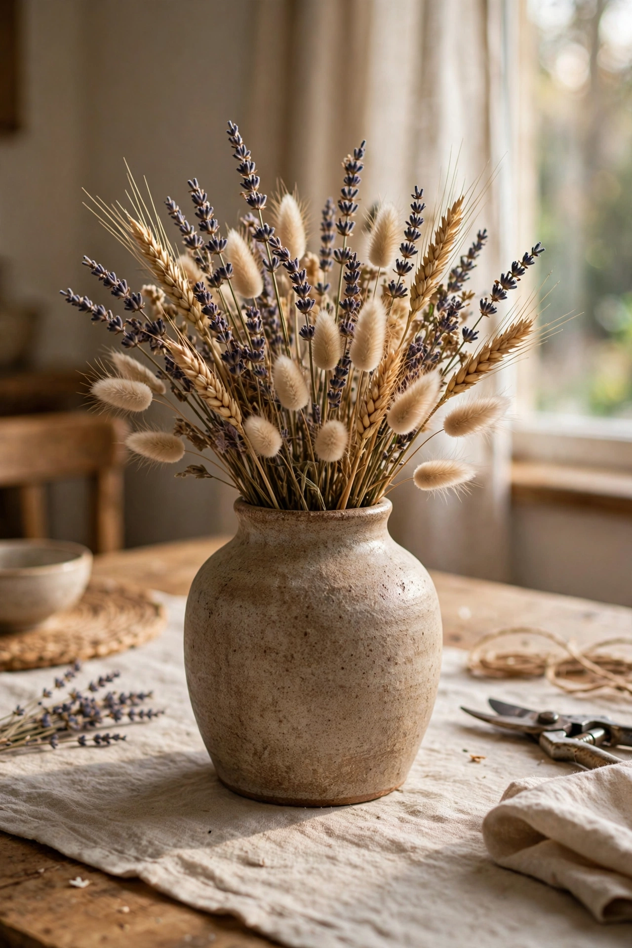 Stoneware-look vase with dried lavender, wheat and bunny tails arrangement