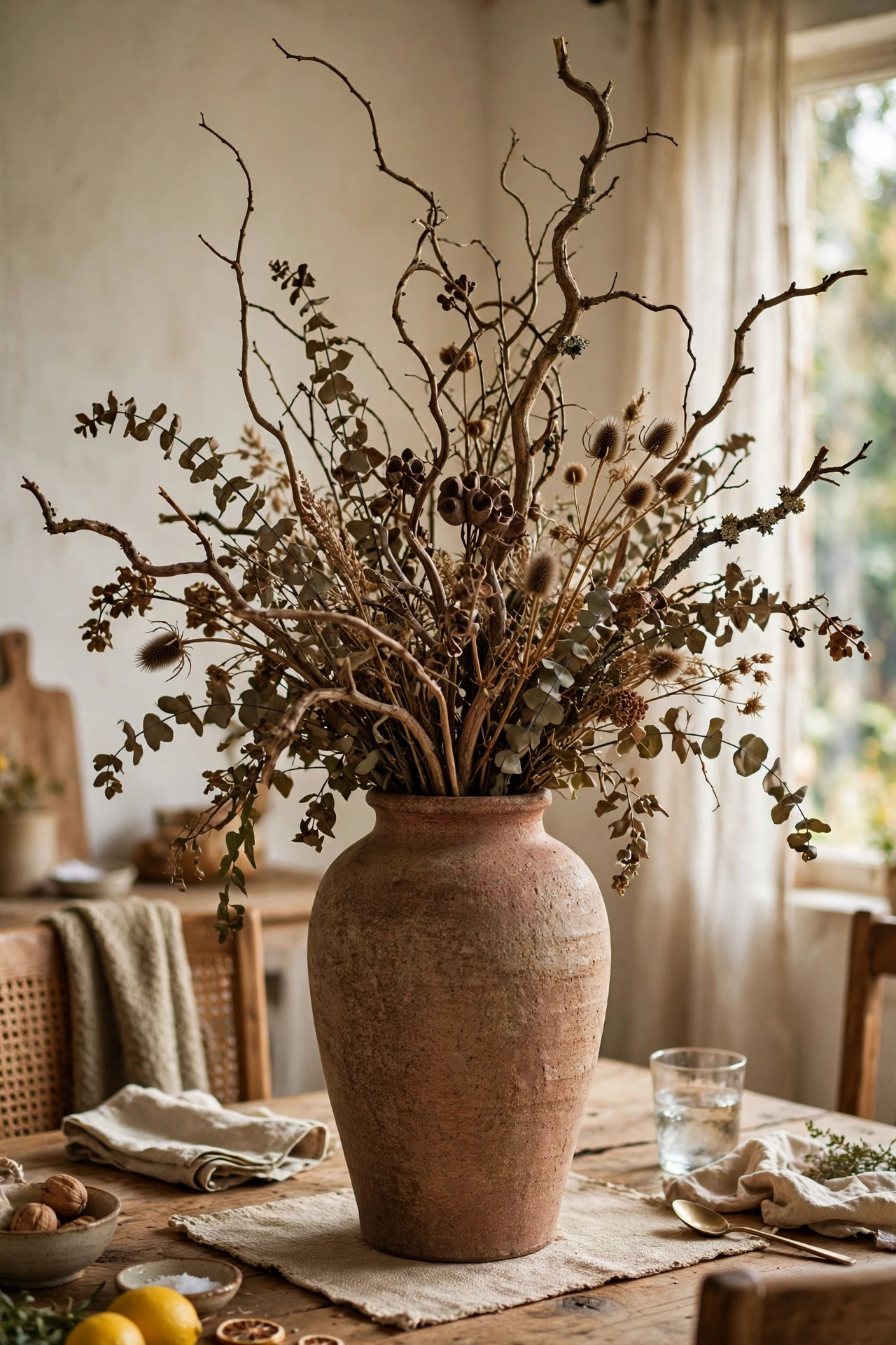 Tall heavy vase with dramatic foraged branches as a sculptural centerpiece