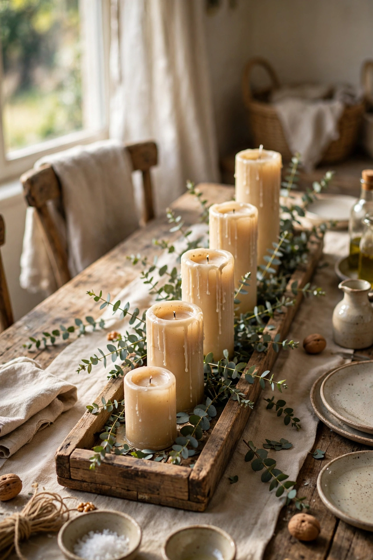Wooden tray centerpiece with pillar candles and eucalyptus sprigs
