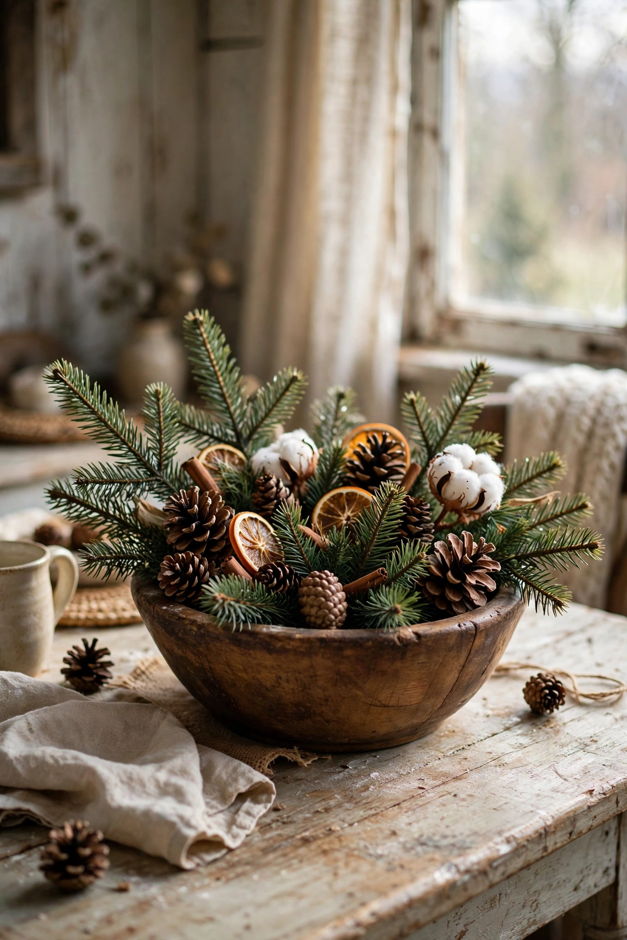 Wooden dough bowl filled with pinecones and fir branches as a winter centerpiece