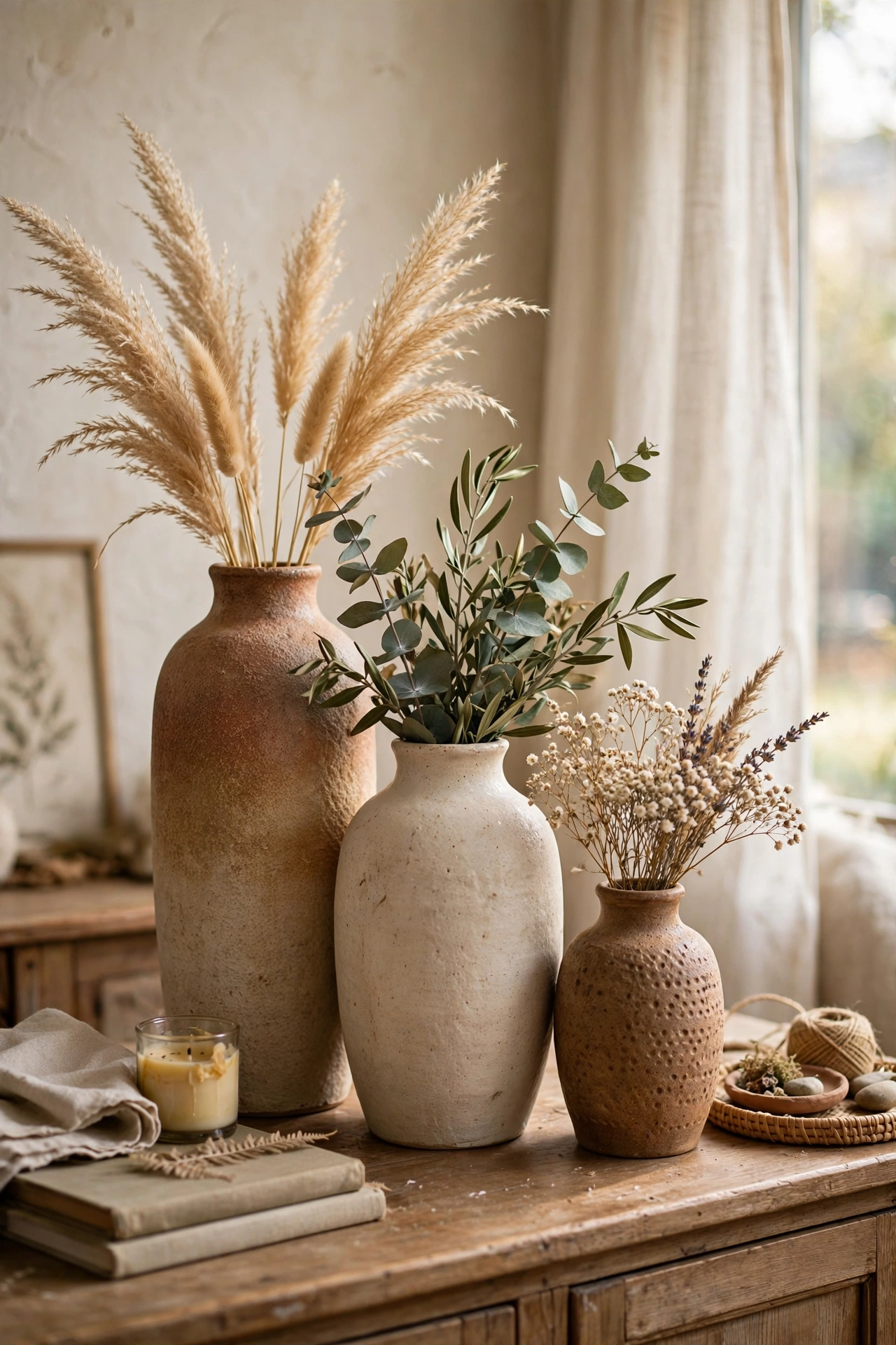 Three vases in descending heights arranged on a sideboard
